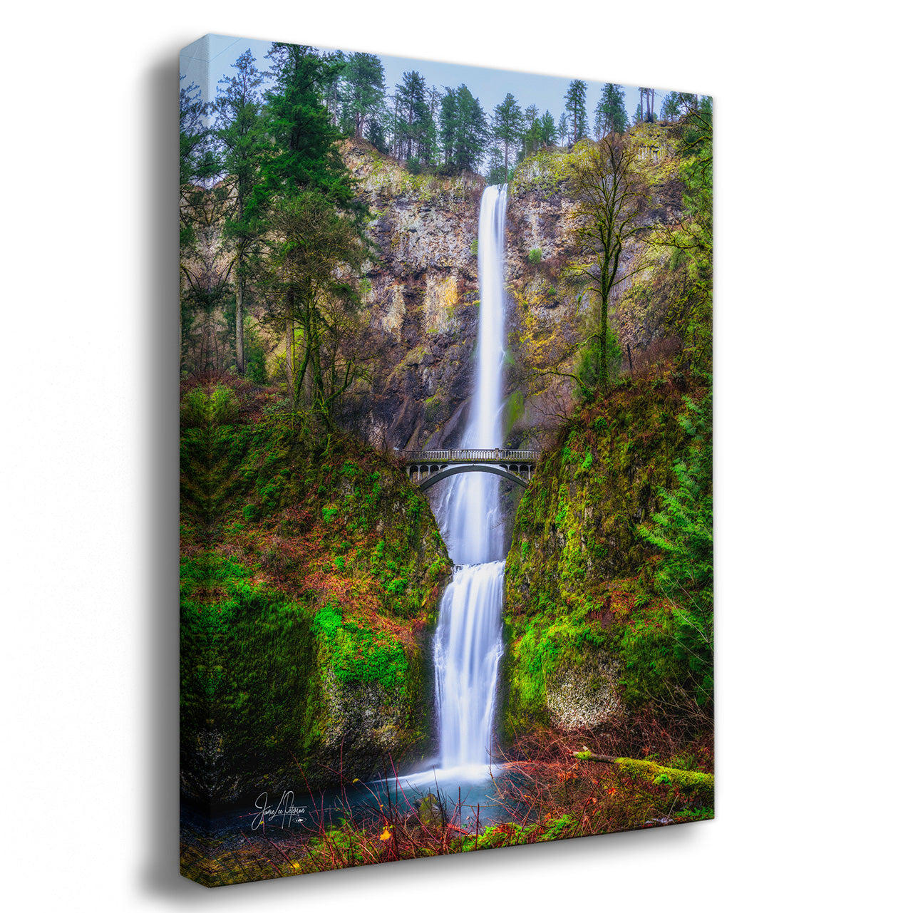 A vertical canvas wall art print depicting a tall waterfall cascading down a mossy rocky cliff, with trees and a small bridge above it, shown at a slight angle against a white background.