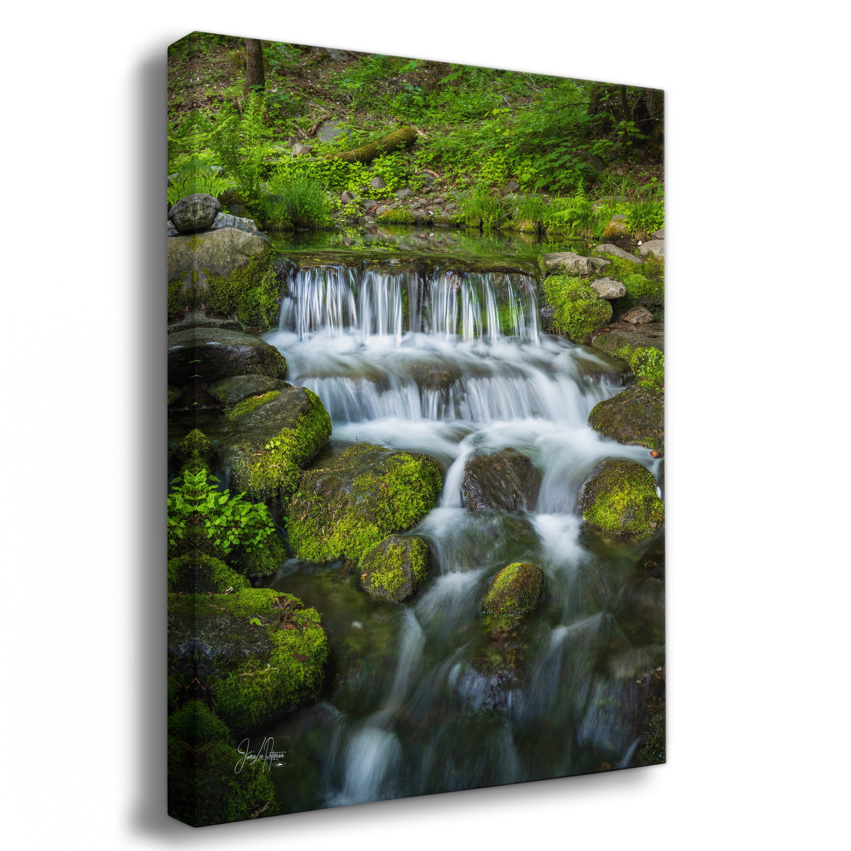 Canvas print of a mossy waterfall wall art print with slow-moving water in a forest with greenery and rocks.