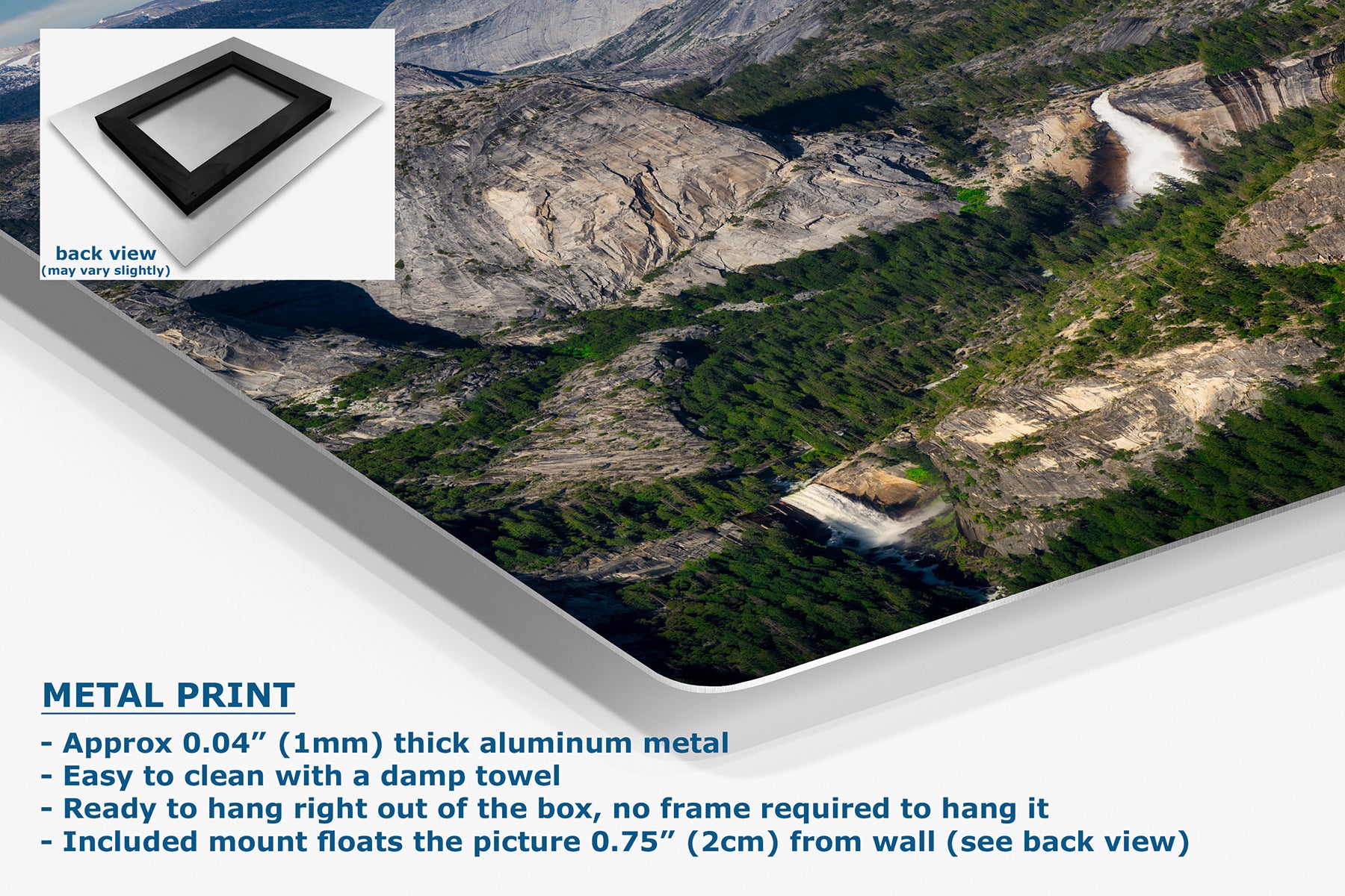 A metal wall art print featuring a dramatic mountain valley landscape with green slopes, rocky cliffs, and a winding river. The image includes a small back-view inset, product text about the aluminum metal finish, and a diagonal white overlay.