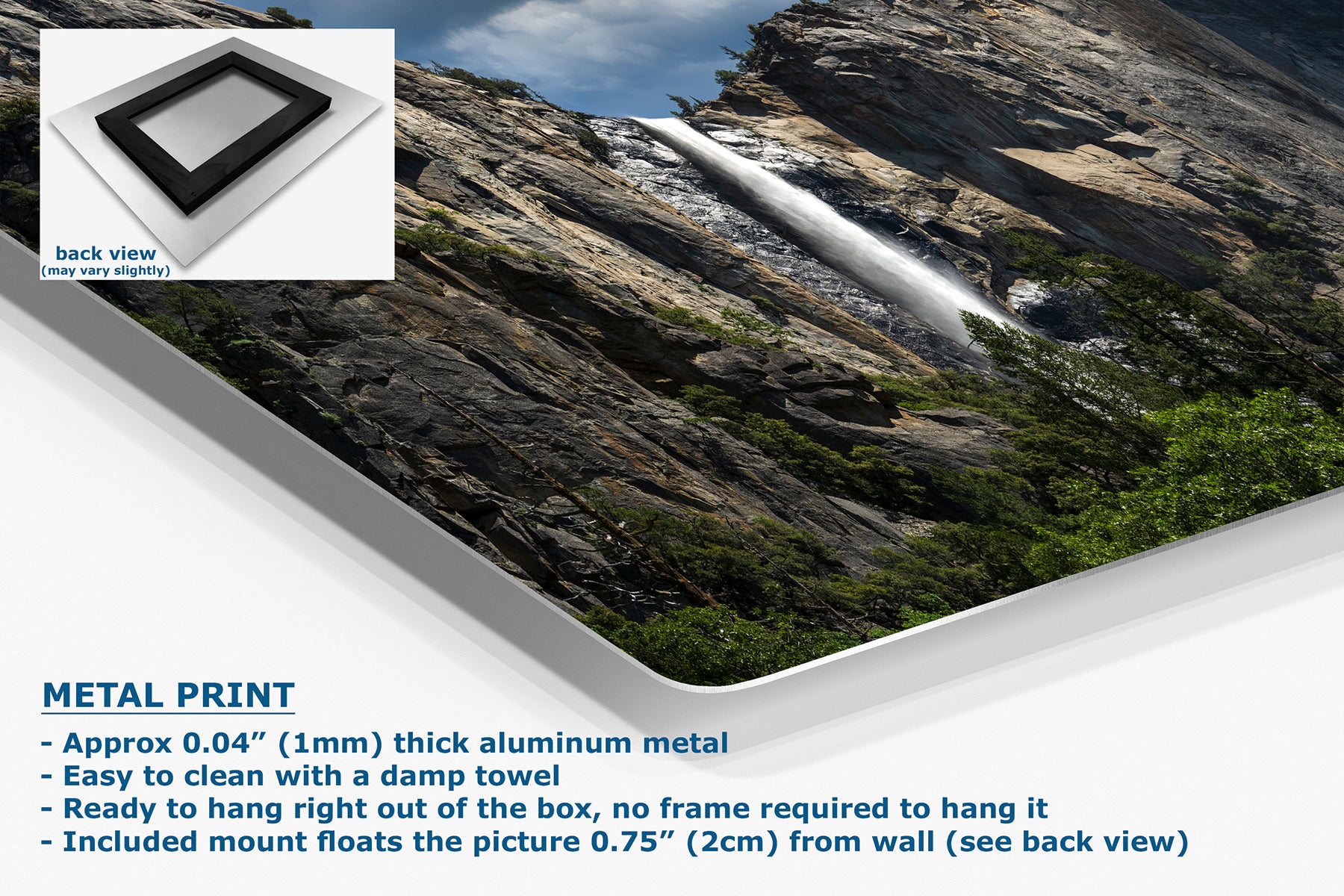 A metal wall art print featuring a scenic waterfall cascading down a rocky mountain cliff, shown at an angle with product details and text overlays on a white background. Includes a small inset showing the back view of the frame.