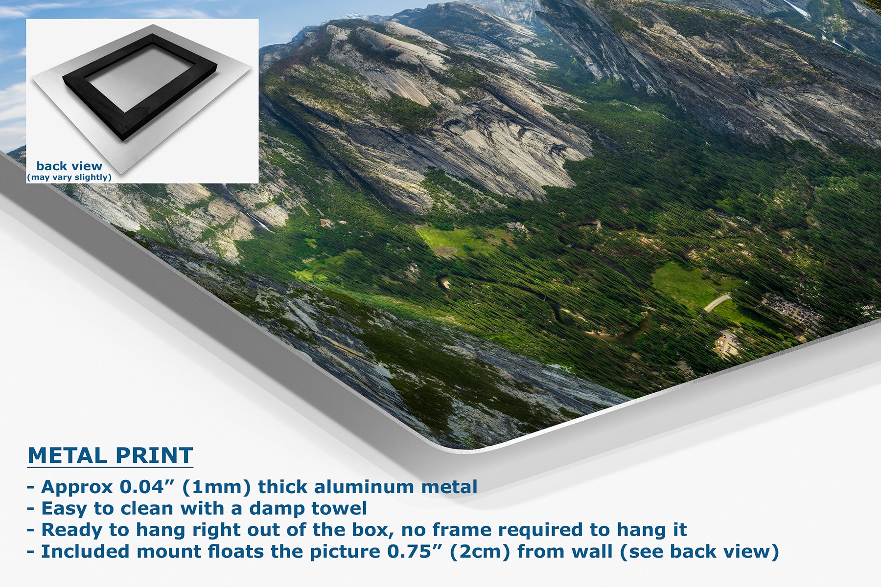 A large wall-mounted aluminum print showing Yosemite Valley mountain landscape, with a small inset back view of the frame and text describing the product as a metal print with an aluminum finish and hanging instructions.