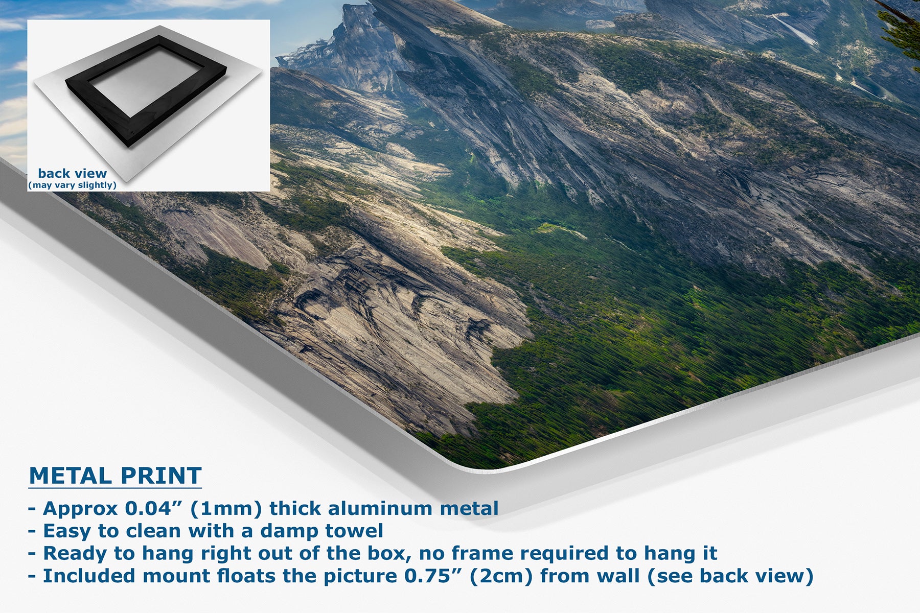 A large aluminum wall art panel displaying a mountain landscape photo, shown at an angle with product features and dimensions listed on a white background. An inset shows the back view of the panel with a black frame.
