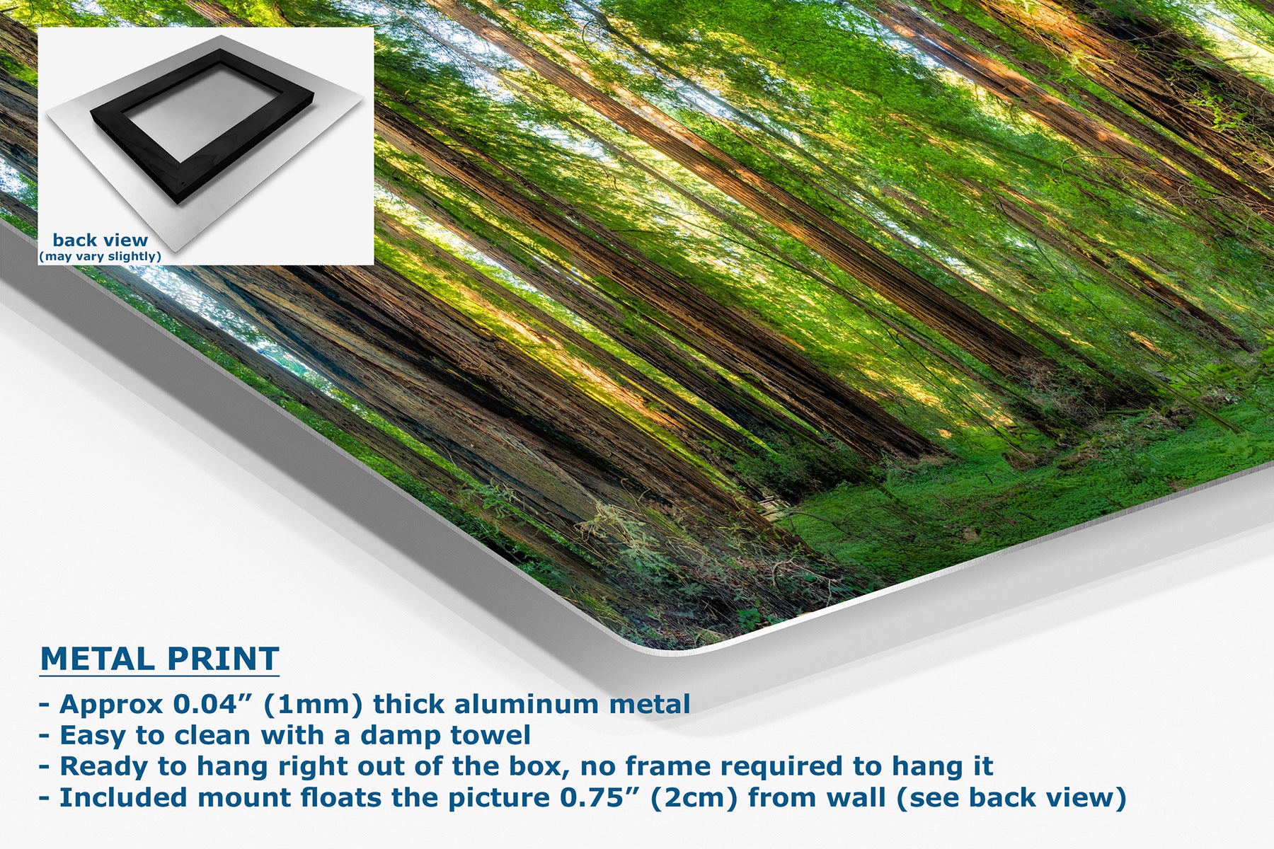 A metal print of a forest scene with green foliage and brown tree trunks, shown at an angle with product details and text on a white background. An inset shows the back view of the frame, and the text highlights aluminum metal printing and mounting features.