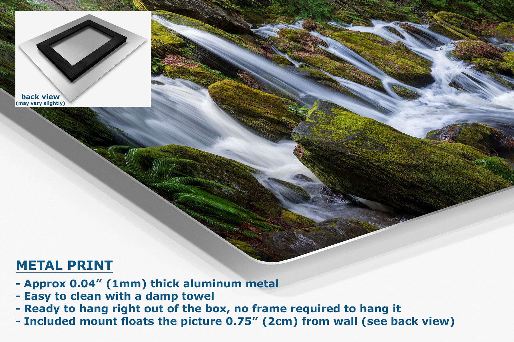 A metal wall art print showing a forest stream flowing over mossy rocks, presented at an angle with a white inset showing the back view and product text describing the aluminum metal print features.