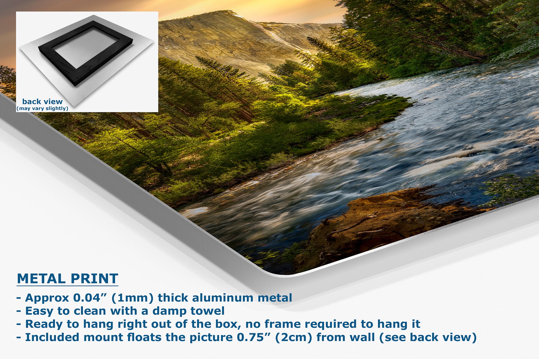 A Yosemite landscape metal wall art print showing the Merced River flowing through green forest, presented at an angle with product details and text. The text reads 'METAL PRINT' and describes the aluminum frame and mounting features.