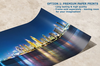 San Diego Skyline Panorama Photo, Urban Cityscape at Night Wall Art, Large Canvas Print for Living Room or Office