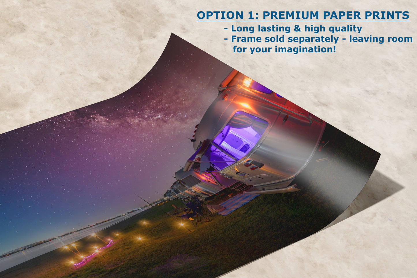 Airstream Travel Trailer Art Night Scene in San Diego, California Campsite Camping Decoration in Canvas, Paper, and Metal Wall Art