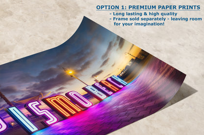 Pismo Beach Iconic Neon Sign House Decor, California Coastal Art Print with Vibrant Neon Lights for Retro Wall Art, Beach Lover Gift