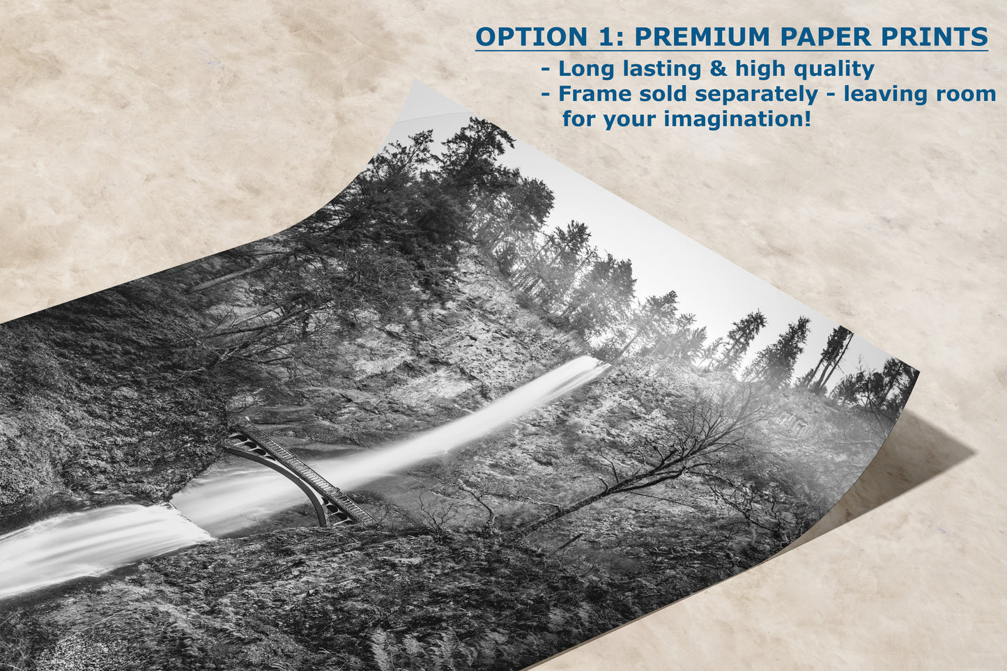 Multnomah Waterfall Picture Nature Photo, Black and White, Pacific Northwest Oregon Picture Relaxation Artwork, Columbia River Gorge for Meditation, House