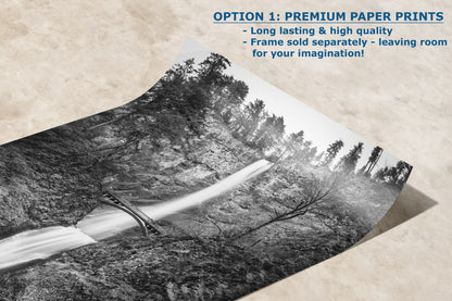 Multnomah Waterfall Picture Nature Photo, Black and White, Pacific Northwest Oregon Picture Relaxation Artwork, Columbia River Gorge for Meditation, House