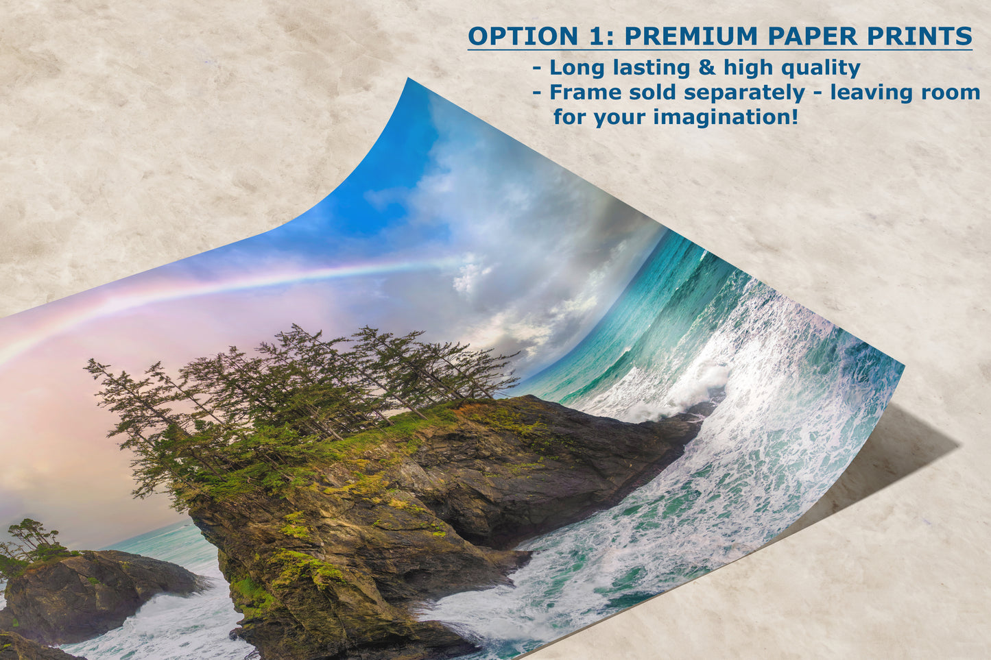 Oregon Coast Ocean Picture, Pacific Northwest Rainbow Nature Photo Relaxation Artwork for Meditation, Apartment, Office & House Decor