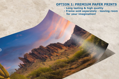 Arizona Desert Picture Sunset, Saguaro Cactus Artwork Nature Photo, Southwestern Wall Art of Superstition Mountains at Lost Dutchman State Park