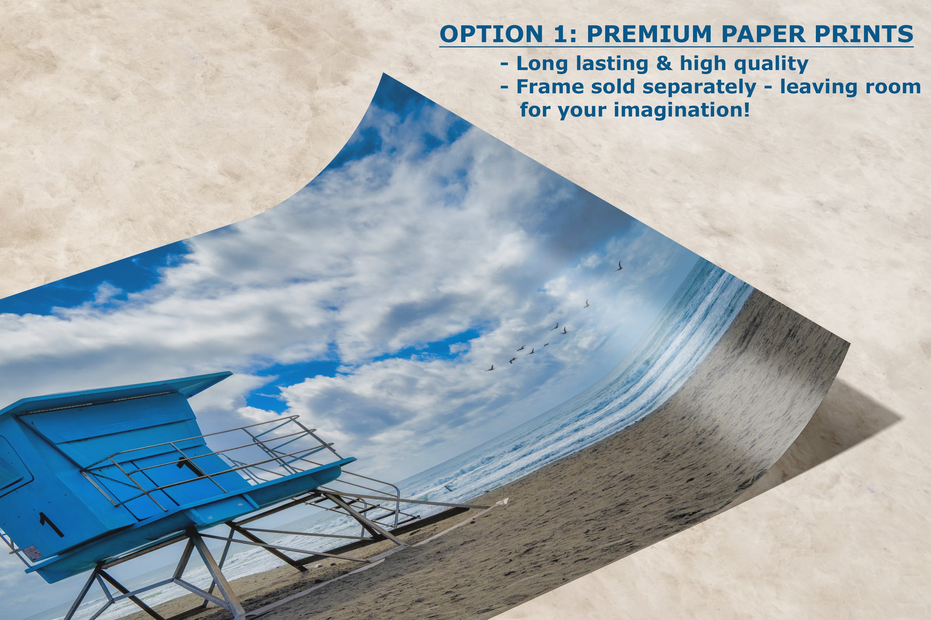 Southern California Coastline Lifeguard Tower Ocean Picture, Oceanside Relaxation Artwork for Meditation, Office, Dorm, and House Decor