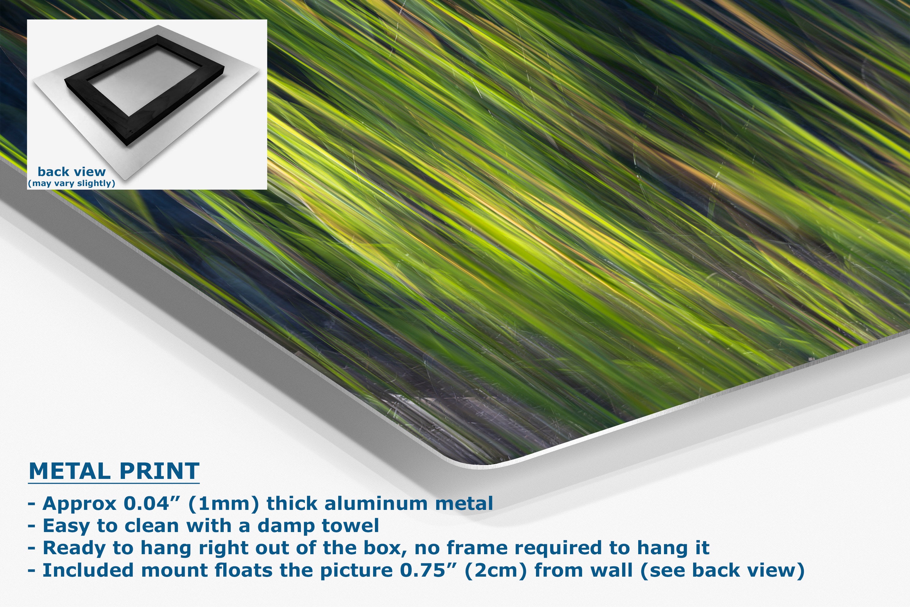 Metal print with abstract design and text detailing its features.