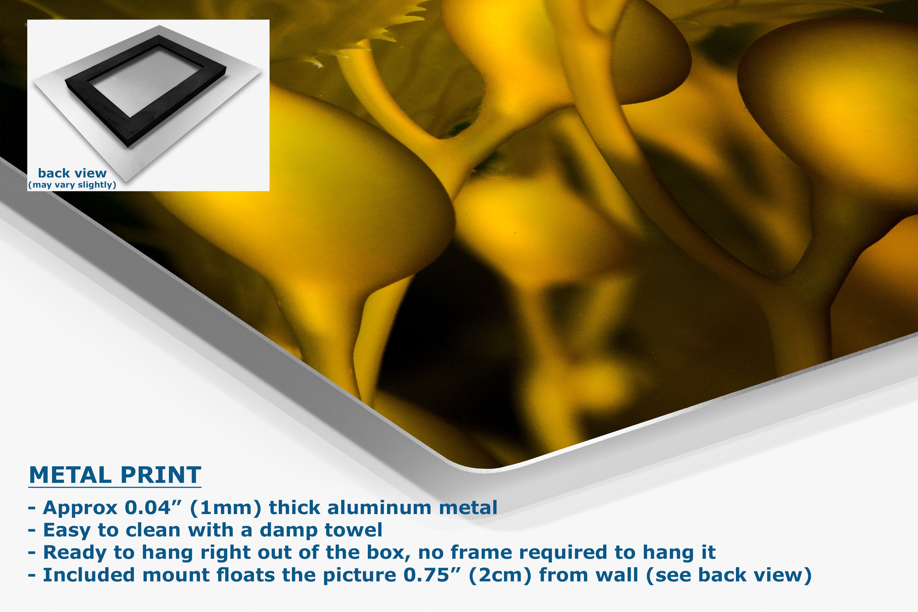 A product listing graphic for a metal print wall art panel. The main visual is a close-up of a glossy yellow and gold abstract print.