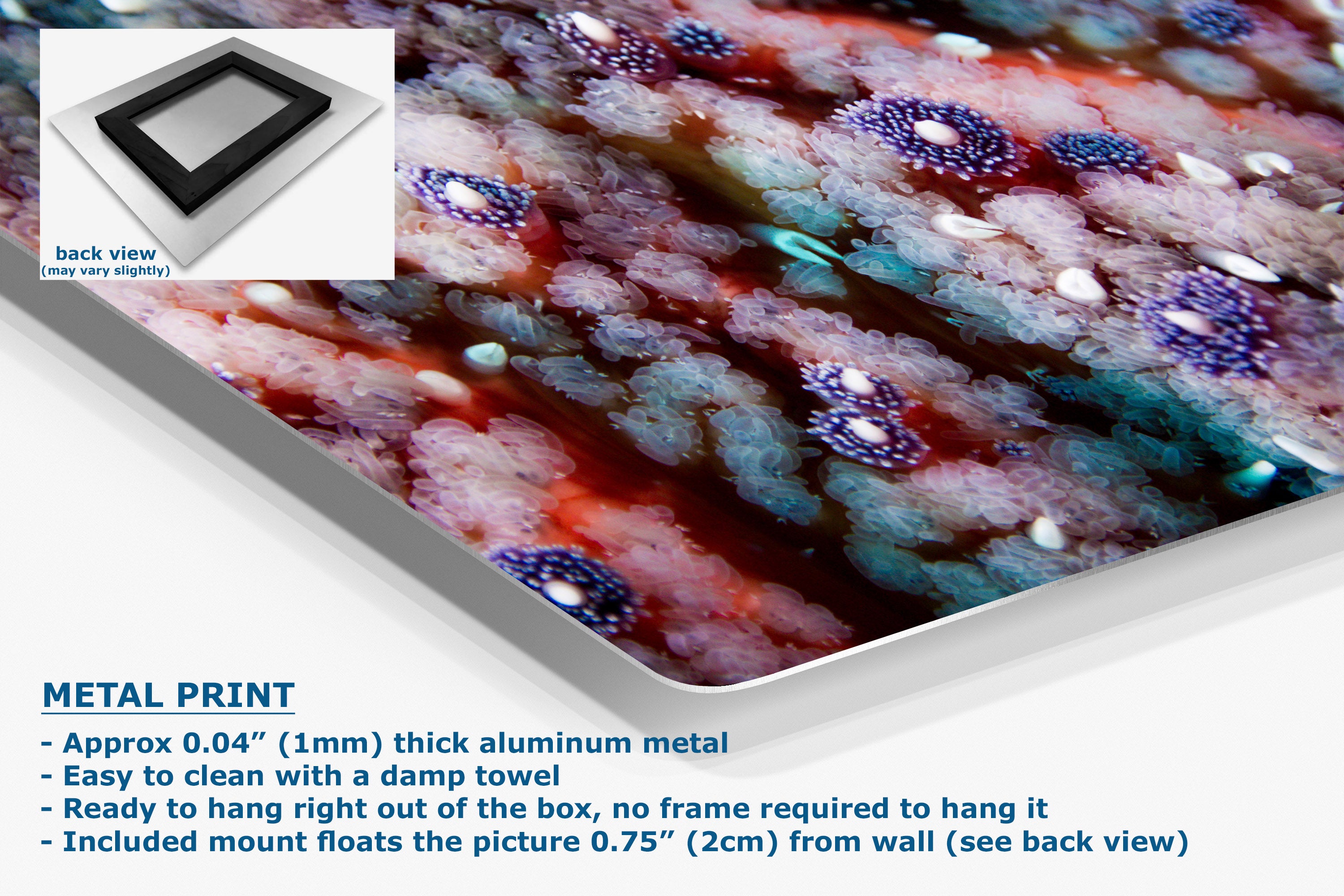 A metal wall art print panel shown at an angle with a close-up of an abstract pattern in red, pink, blue, and white. The image includes a small inset showing the back view of the panel, plus text describing the product as a metal print with aluminum construction and mounting details.