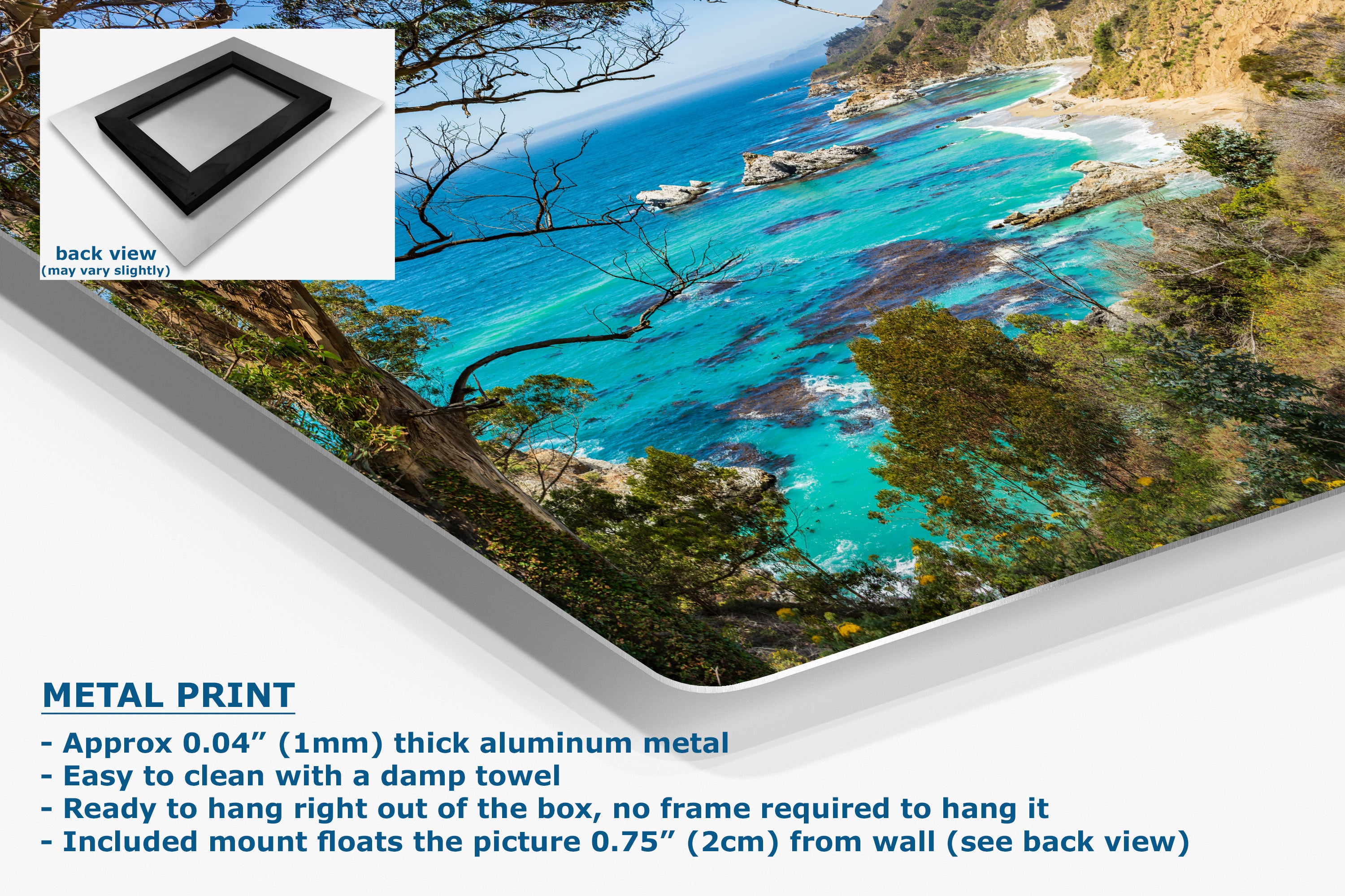 A corner angle of a metal art print sample featuring a vivid coastal landscape with a turquoise ocean, rocky shoreline, and trees, presented on a white background, with a small inset showing the back of the product and text describing the metal print's features.