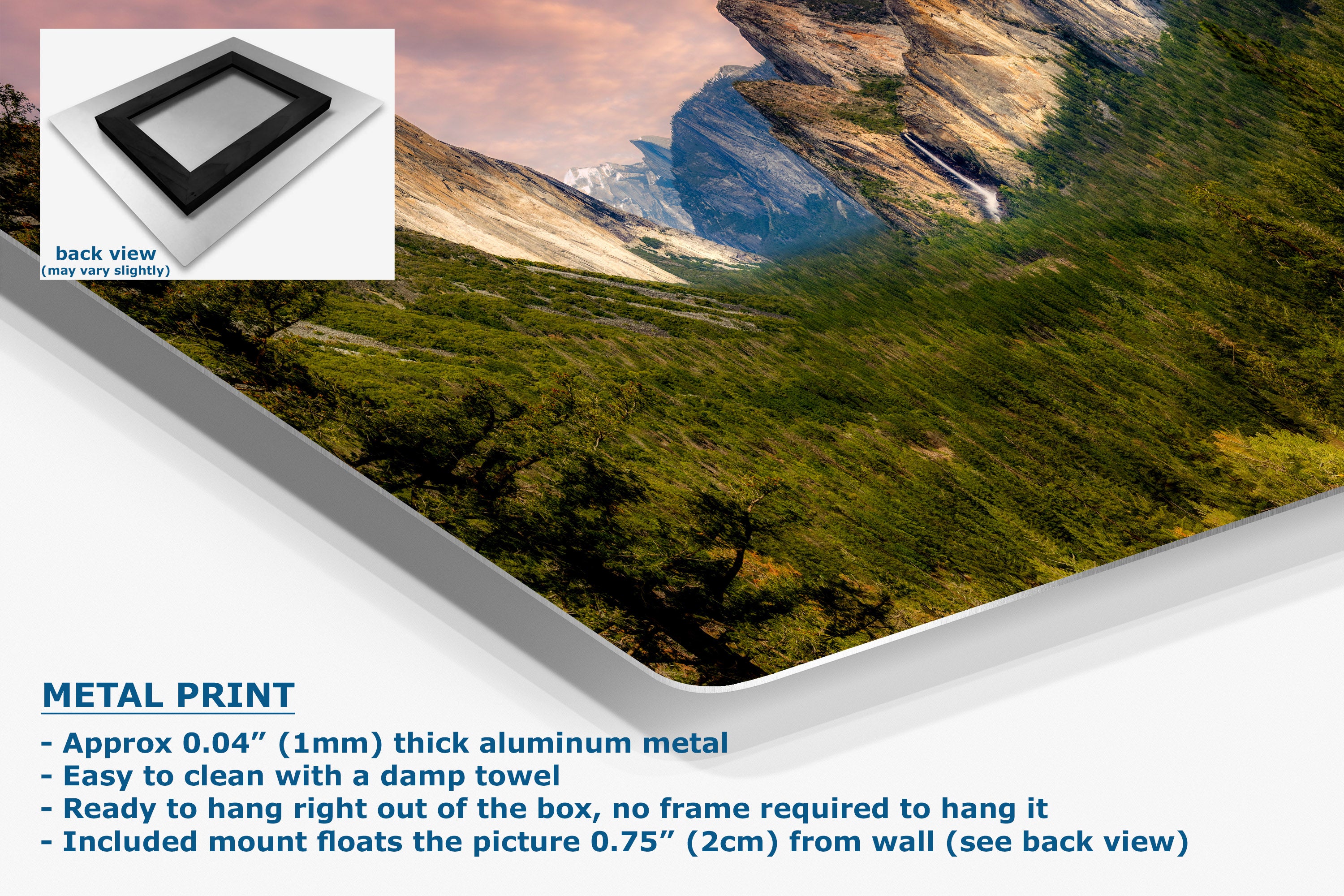 Metal print wall art panel showing a mountain landscape, with a small back-view inset and text describing the aluminum finish and mounting details.