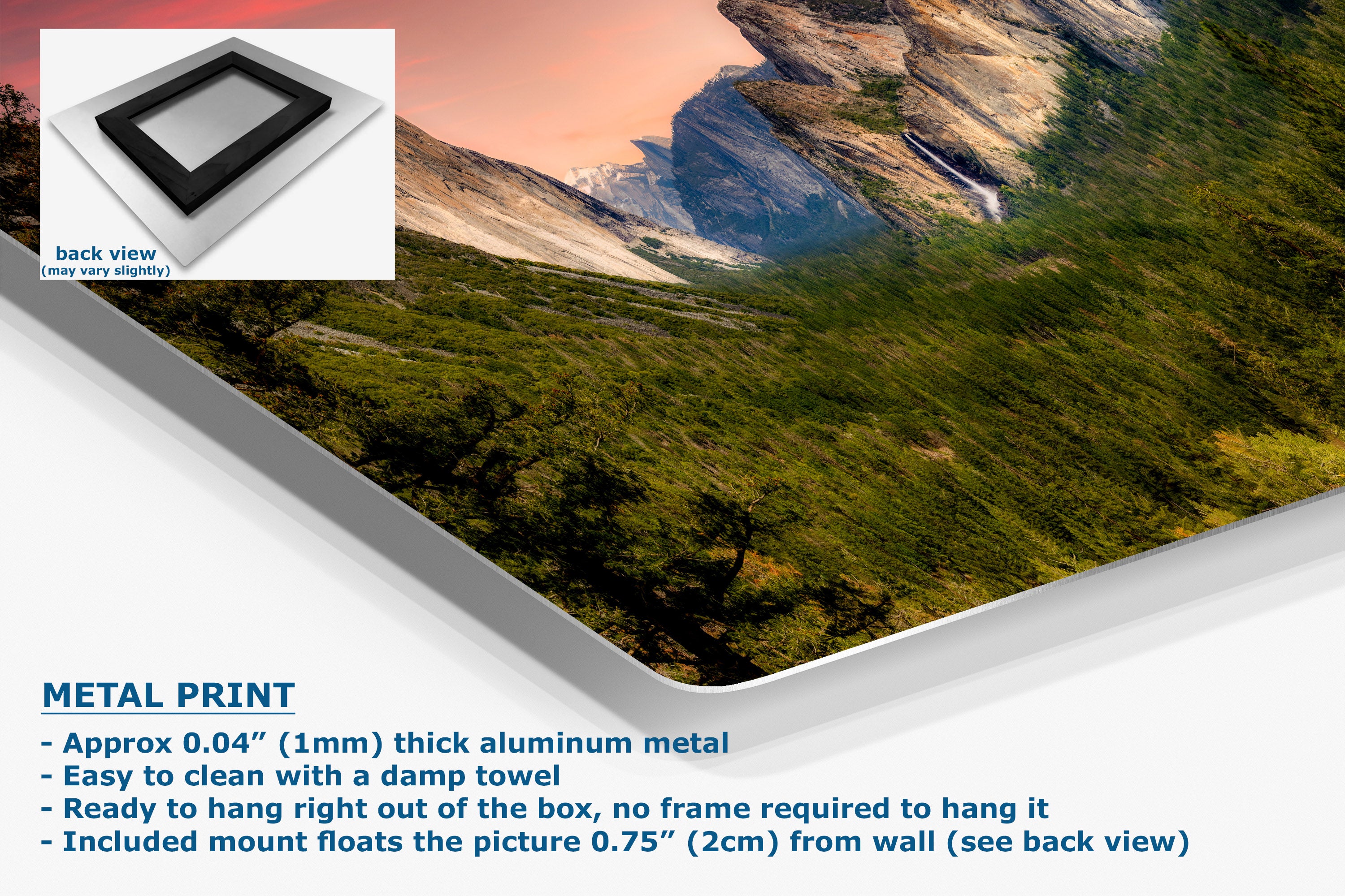 A large aluminum metal print panel displaying a landscape photo of a green forest and rocky mountains under a pink sky. The image includes a small inset showing the back view of the panel, along with text describing the product features.