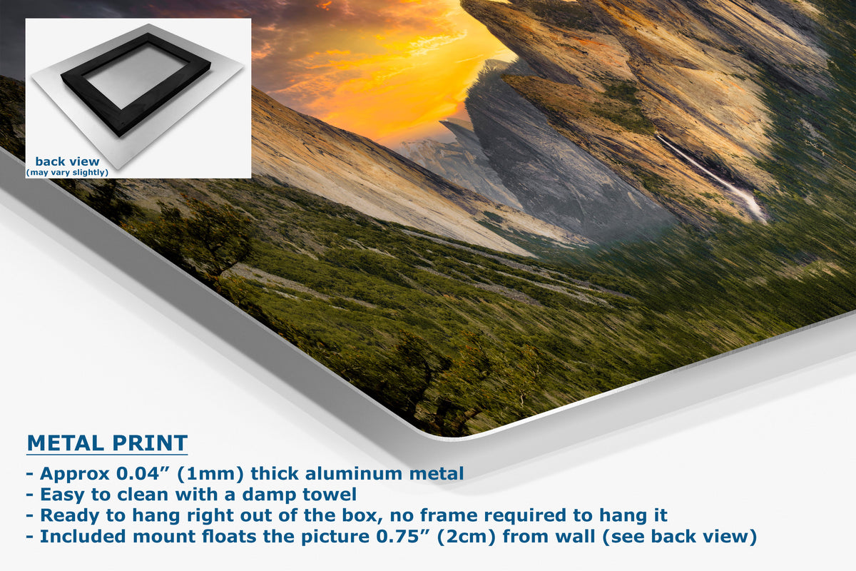 A corner view of an aluminum metal print panel displaying a scenic landscape photo of a mountain valley at sunset, shown at an angle with product text and a small back-view inset on a white background.