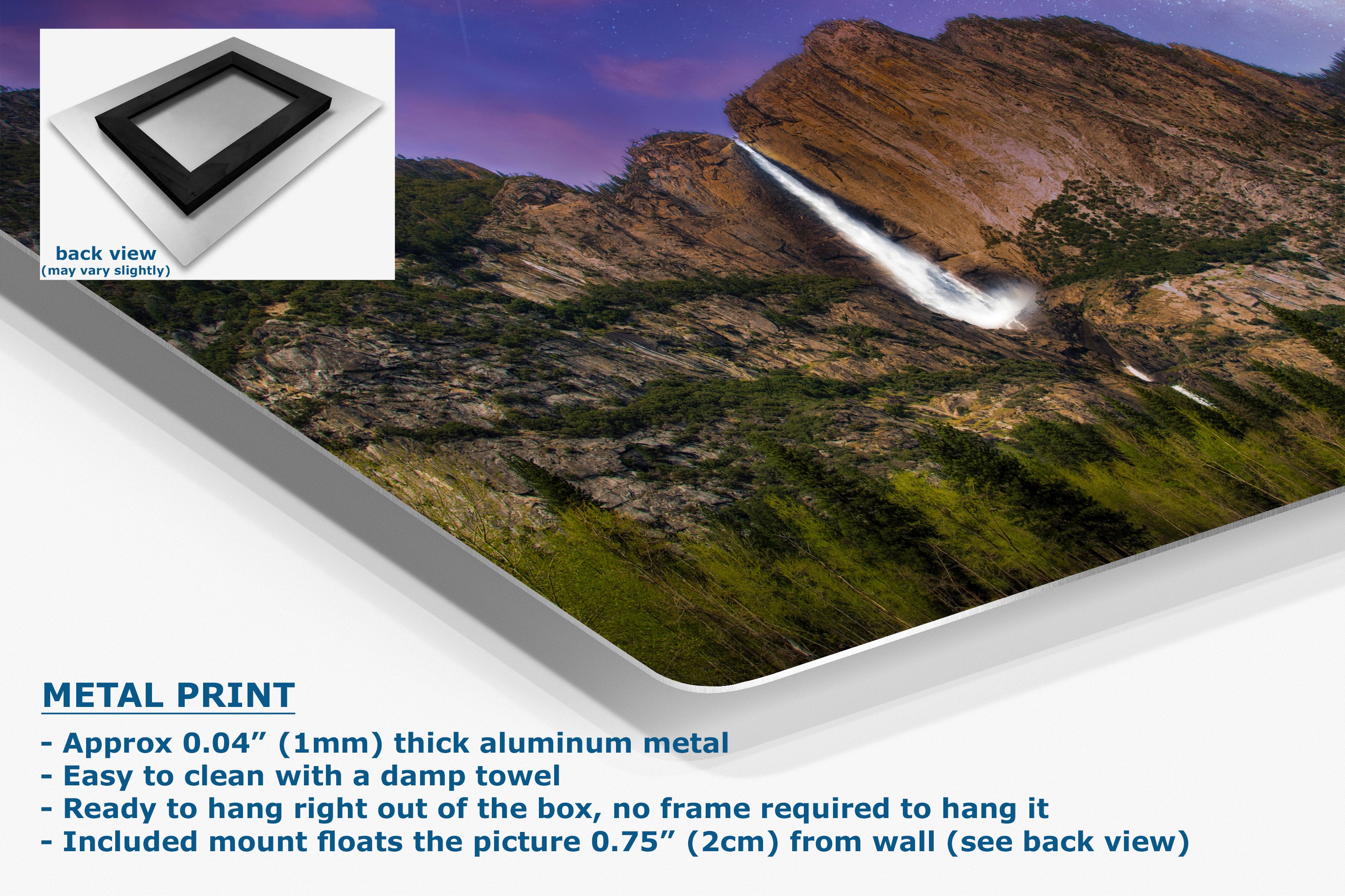 A metal wall art print showing a mountain landscape with a waterfall, displayed at an angle with product specifications and a small back-view inset on a white background.