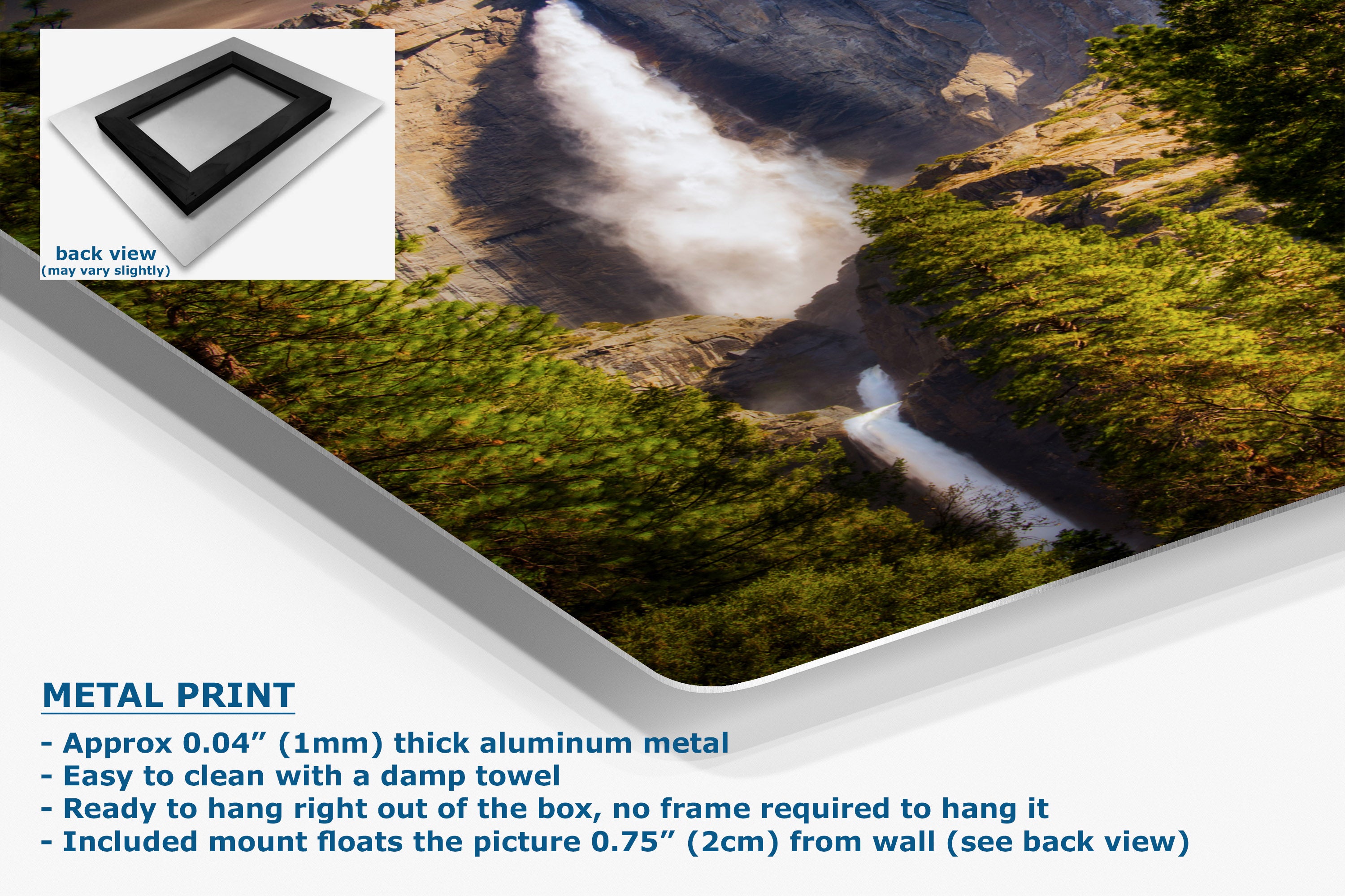 A large aluminum wall art panel displaying a mountain valley landscape with a waterfall, shown at an angle with a small inset back-view swatch and product text describing the metal print and mounting details.