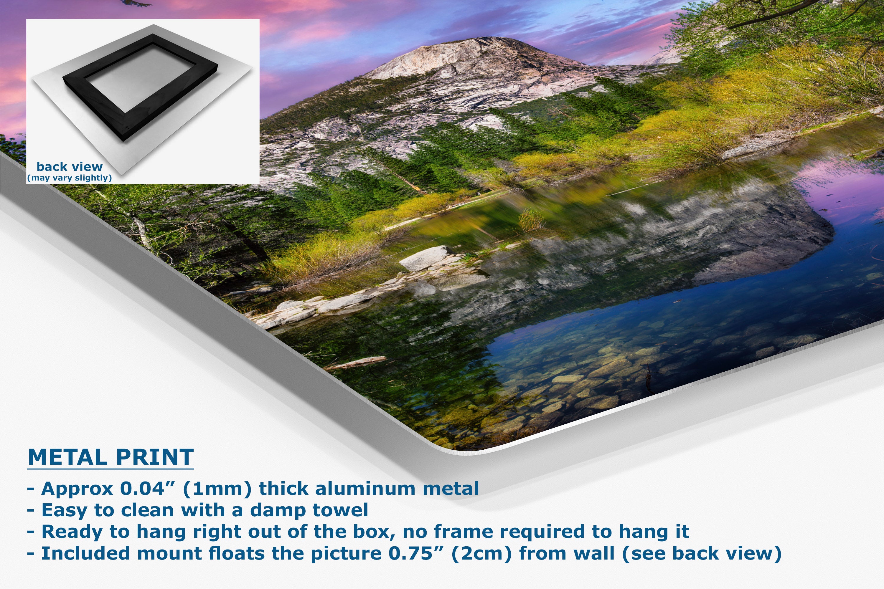 Aluminum metal wall art print featuring a scenic mountain landscape with a reflective lake, shown at an angle with a back-view inset and product feature text.