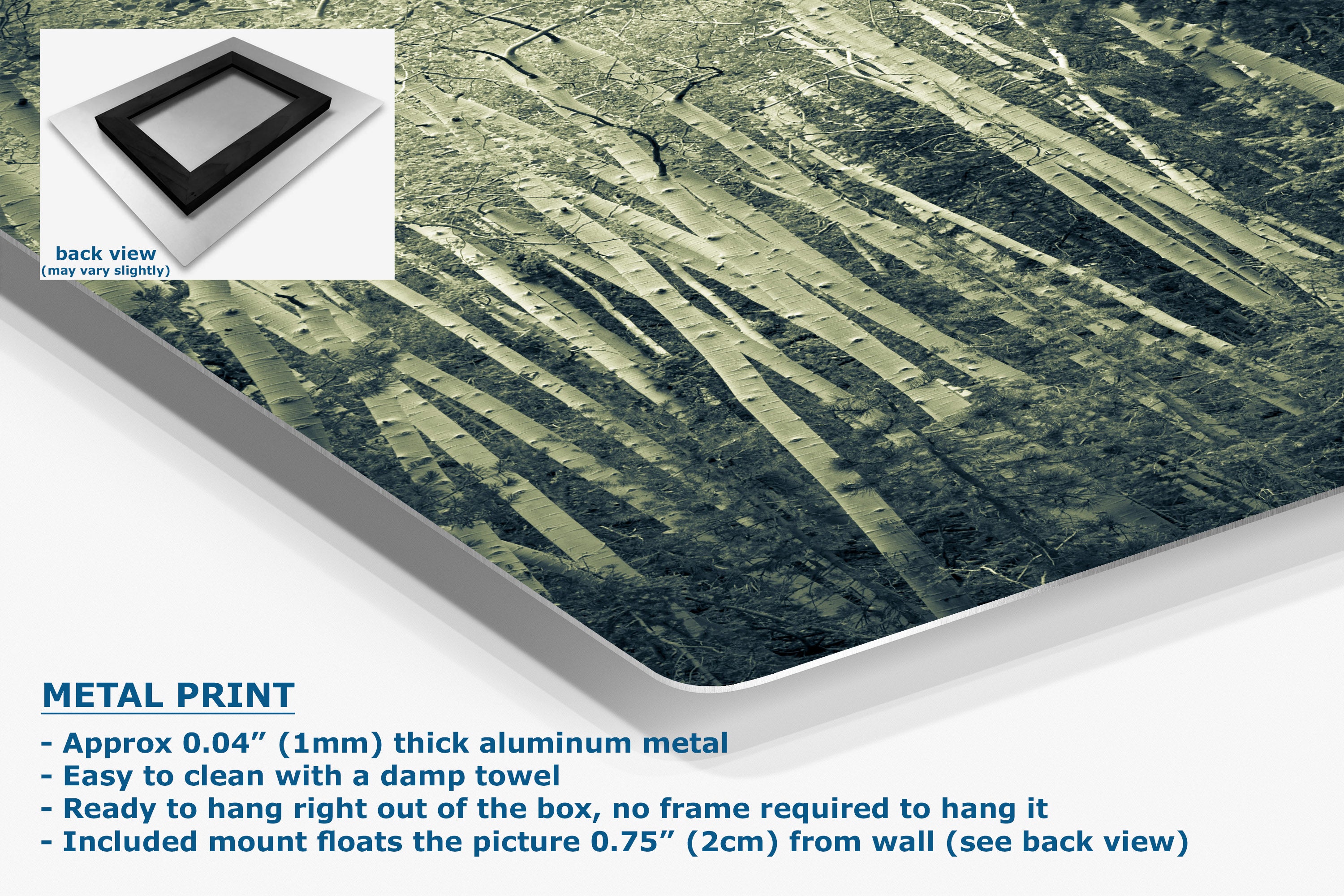 A metal wall art print showing a close-up of a textured abstract pattern in olive green, gray, and black, with a small inset showing the back view of a black frame. Text on the image describes the product as a metal print made of aluminum metal.