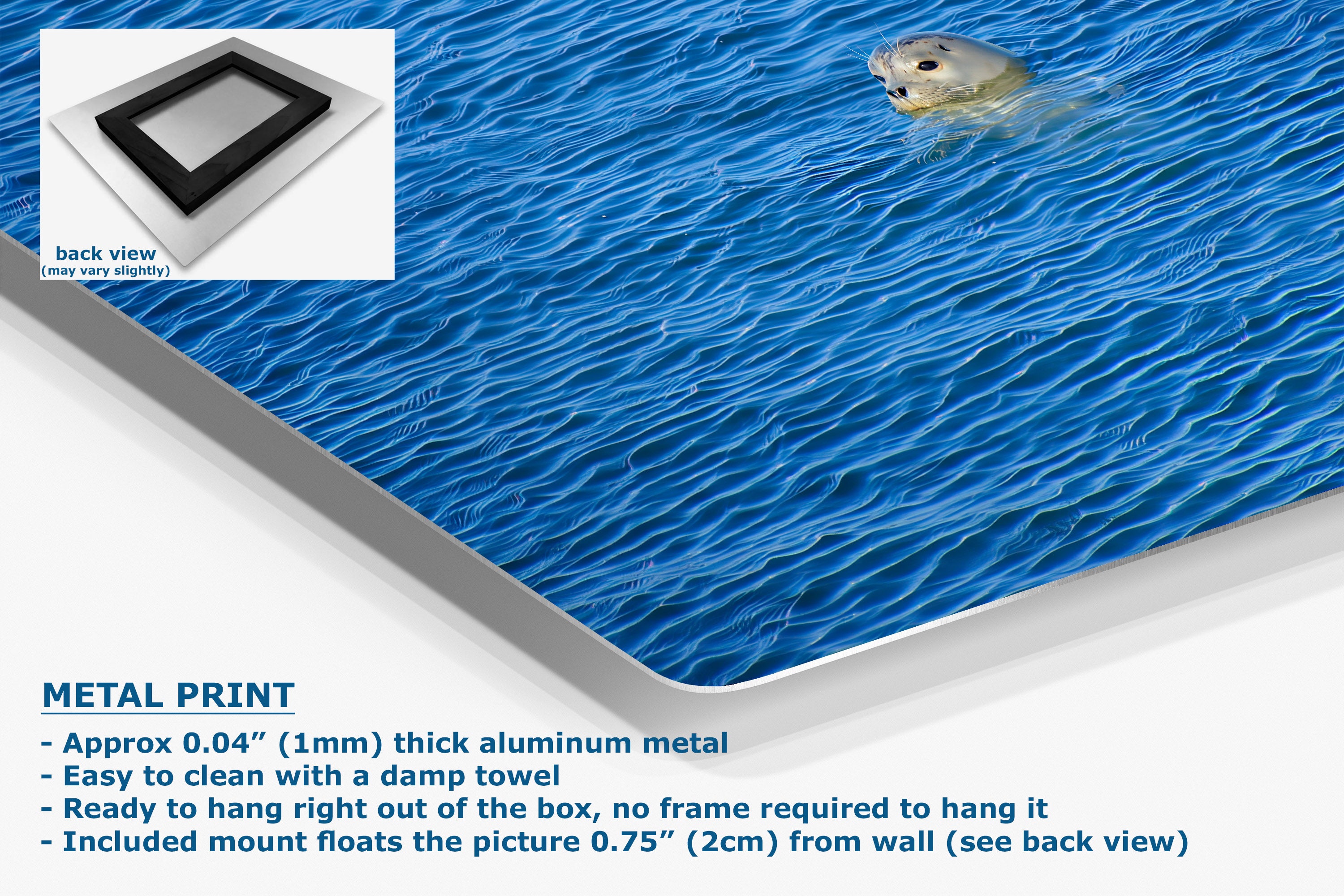 A rectangular wall art print showing a blue water scene with a seal near the top right, displayed at an angle with a white border and product details text below. An inset shows the back view with a black frame mount.