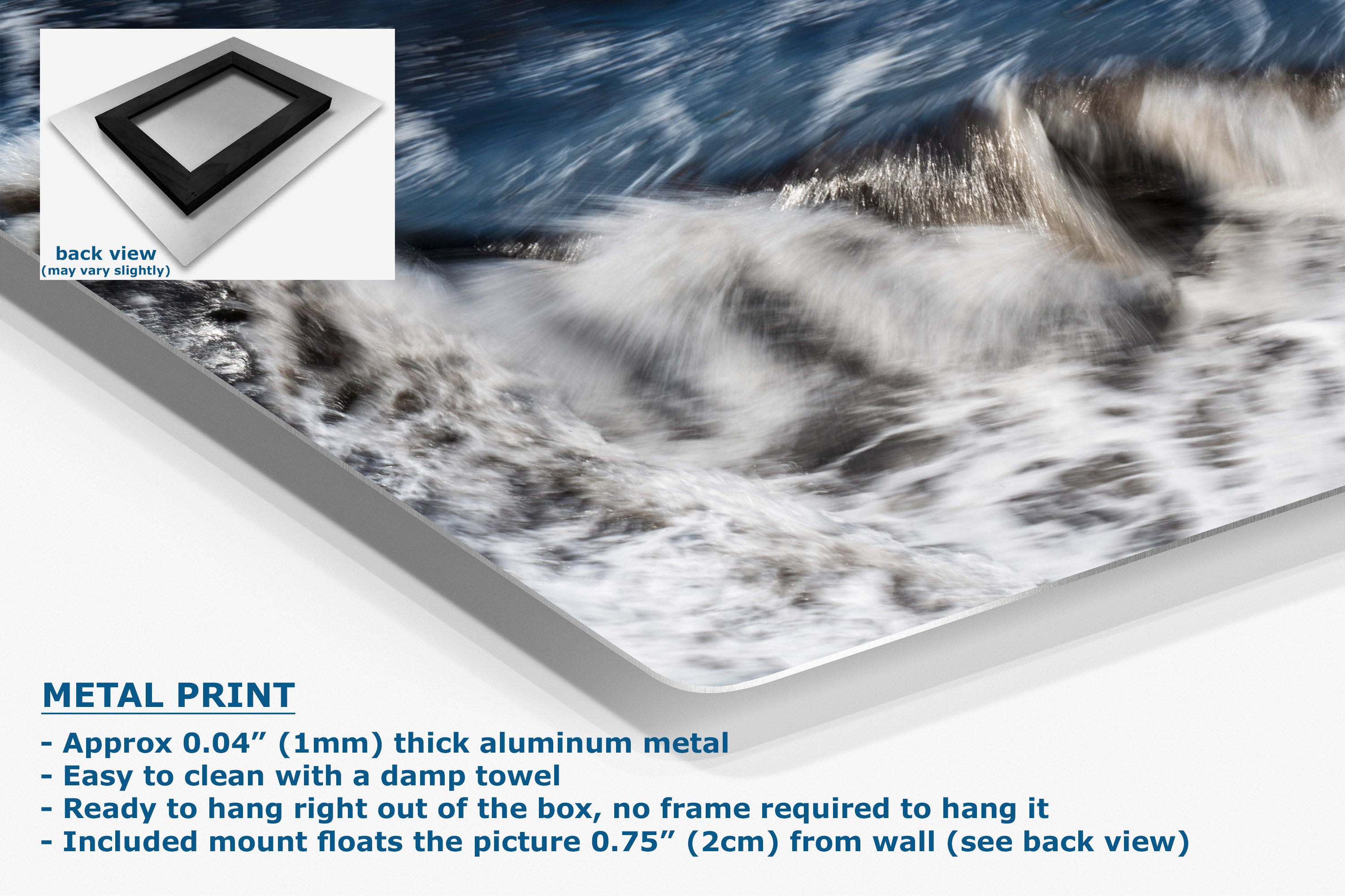 A metal wall art print featuring a dramatic ocean wave scene, shown at an angle with product details and text on a white background. An inset shows the back view with a black frame.