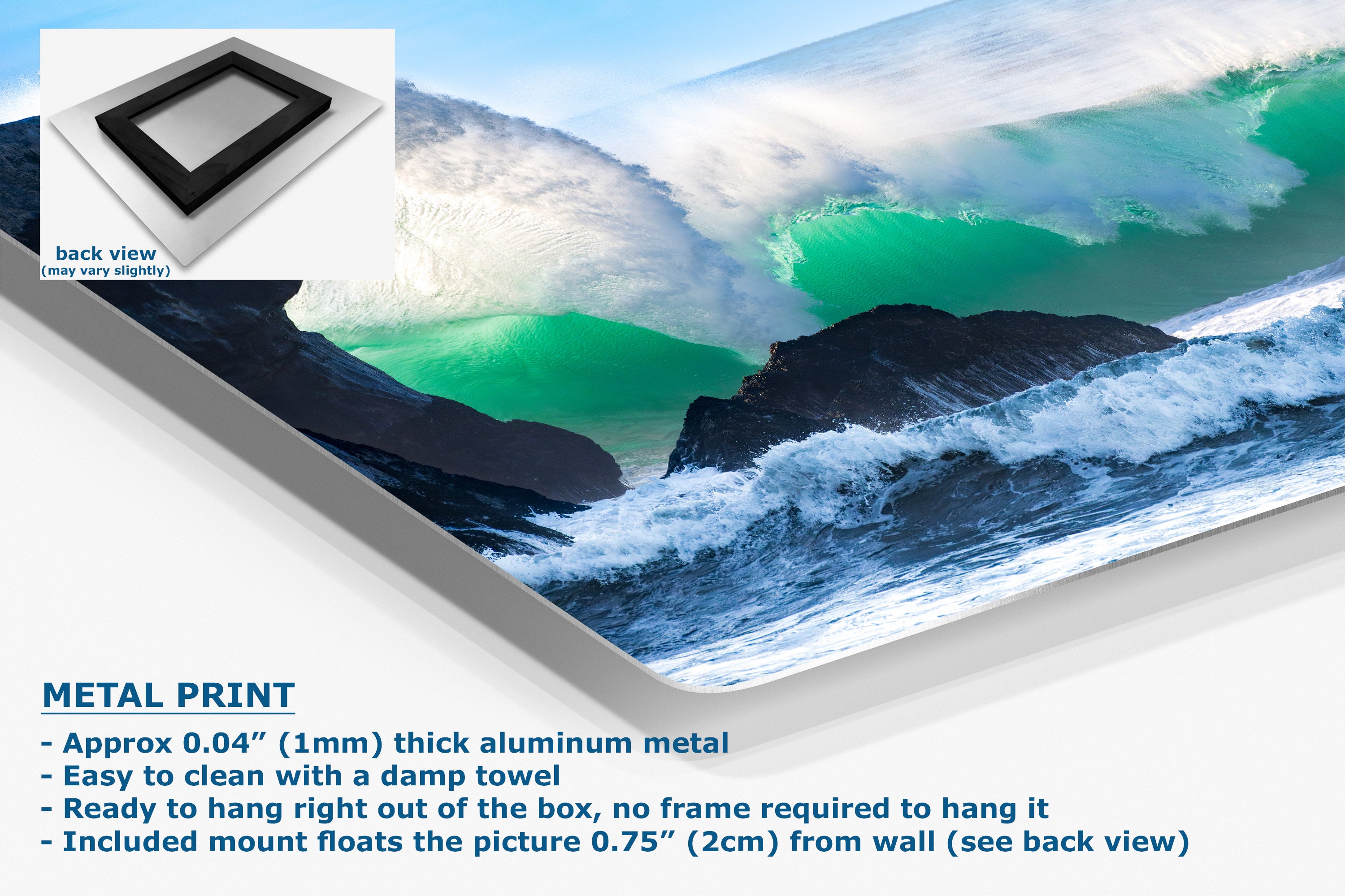A metal wall art print showing a dramatic ocean wave scene, with a small inset back view of a black frame and text describing the aluminum finish and mounting details.