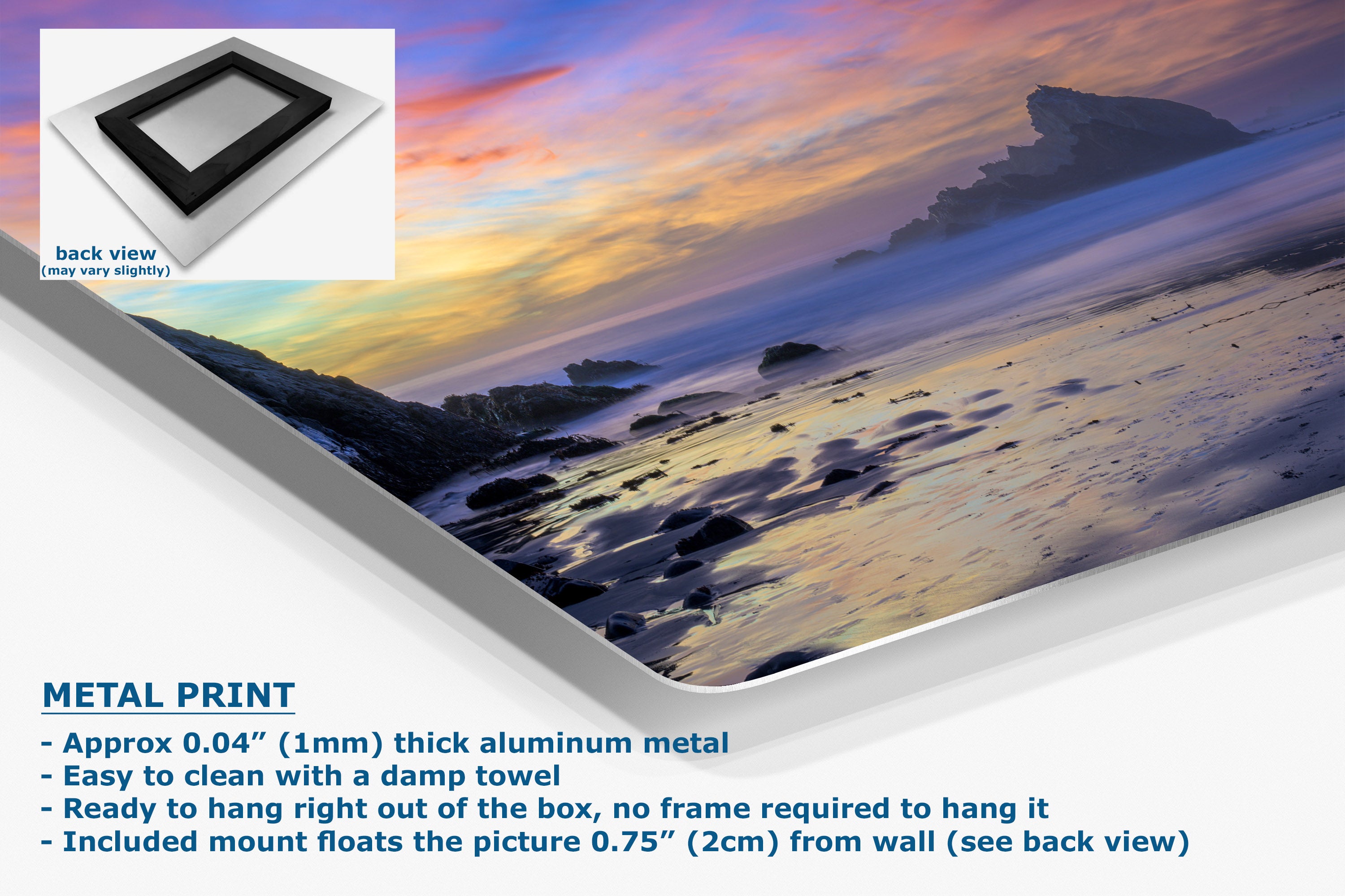 A metal print canvas featuring a beach sunset landscape, shown at an angle with a product inset showing the back view and descriptive text detailing its aluminum construction and wall mounting.