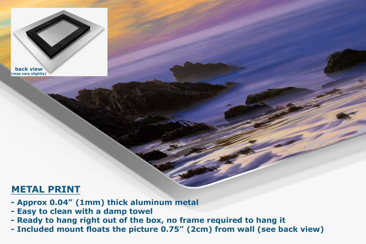 A metal print poster of a coastal landscape at sunset, shown at an angle with product specifications and a small back-view inset on a white background.
