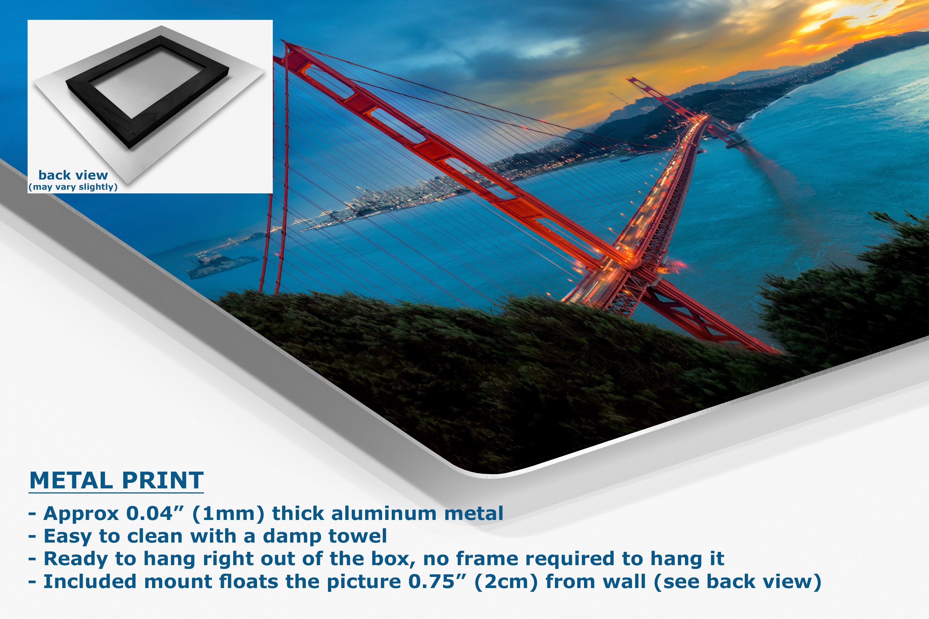 A metal wall art print showing a scenic photograph of the Golden Gate Bridge over water at sunset, presented at an angle with text describing its aluminum finish and mounting details, plus a small back-view inset.