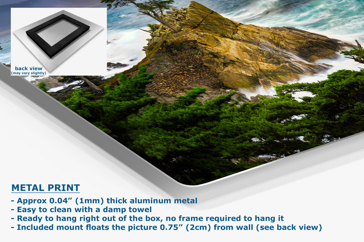 A metal print poster of a rocky coastline with green trees, shown at an angle with product details and text overlays on a white background.