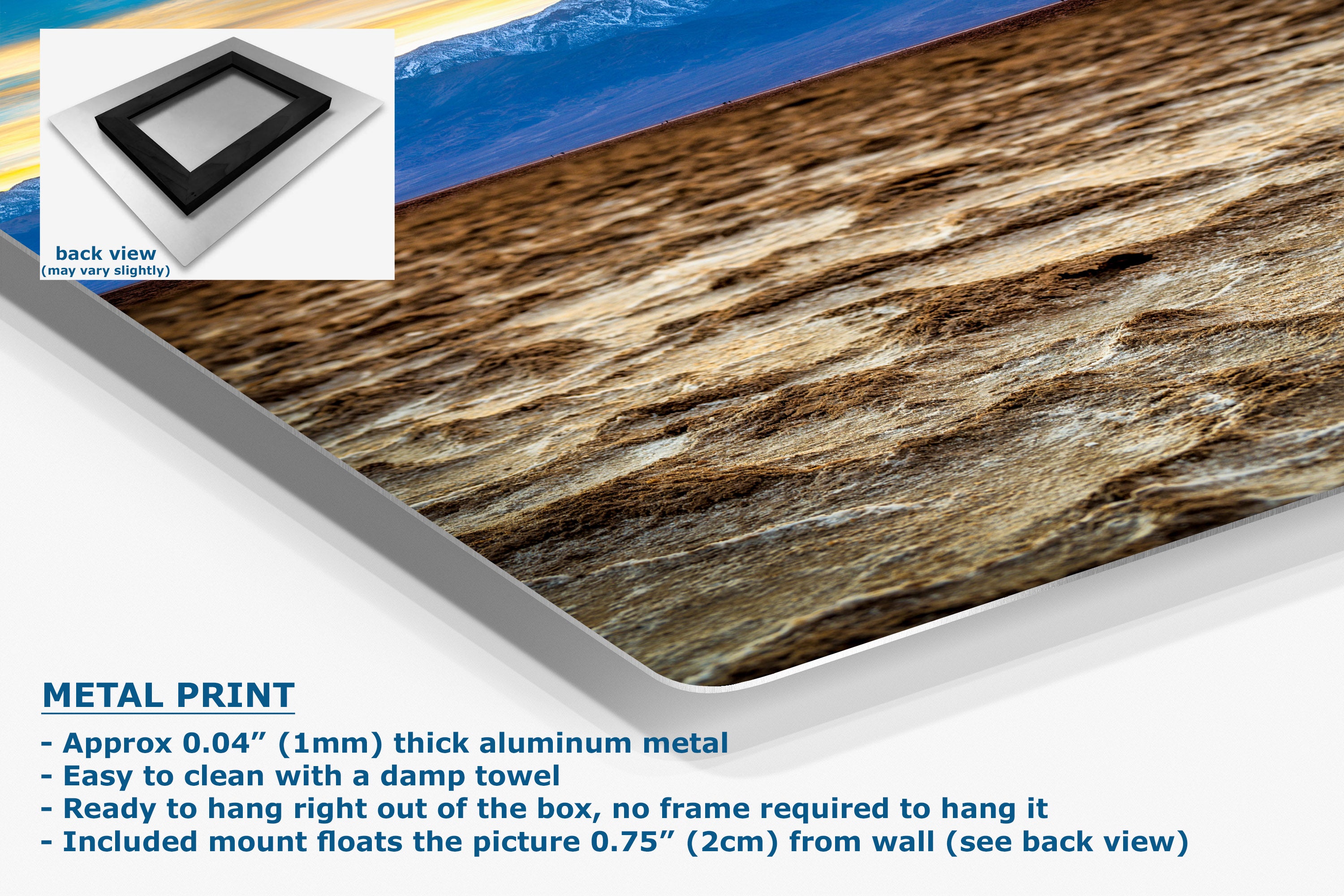 A metal wall art print featuring a realistic wood grain texture, shown at an angle with a small inset of its back view and product text detailing its aluminum finish and mounting features.