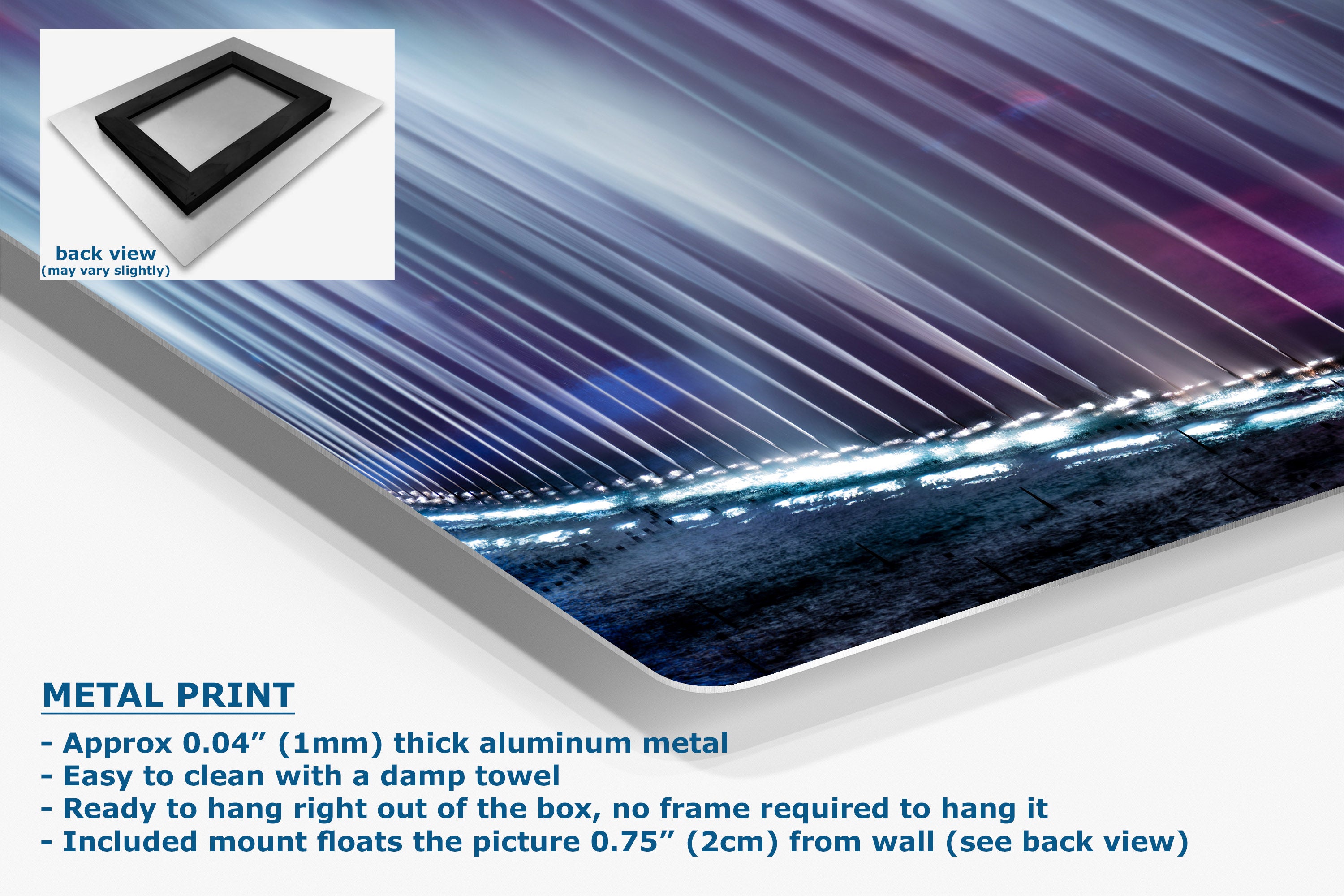 A corner view of a metal wall art print showing a close-up of a glossy rectangular print with diagonal light streaks in blue, purple, and white, plus a small inset back view of a black frame. Text at the bottom reads 'METAL PRINT' and lists product details.