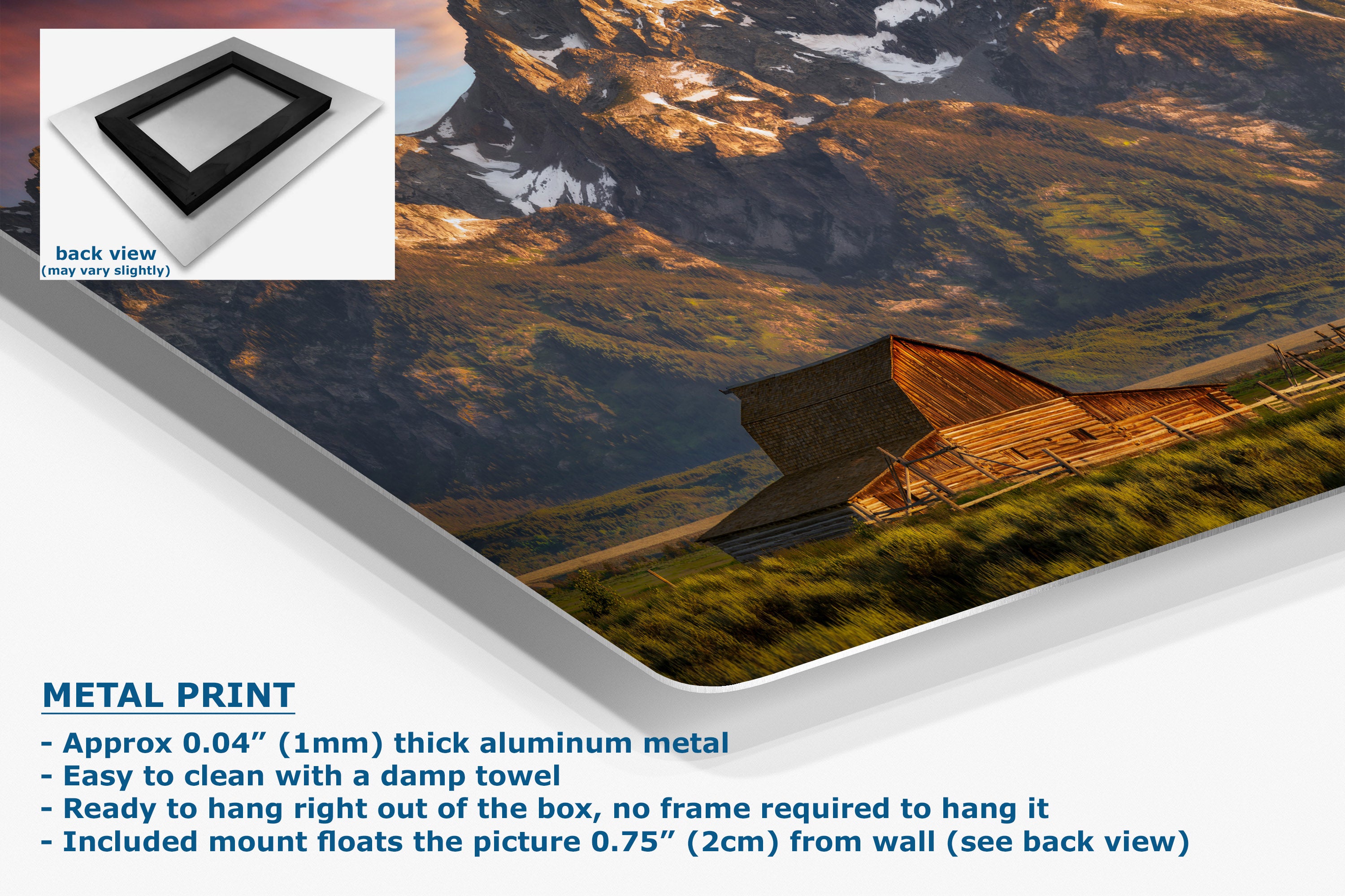 Aluminum metal wall art print featuring a mountain landscape with a wooden cabin, shown at an angle with product text and a small back-view inset on a white background.