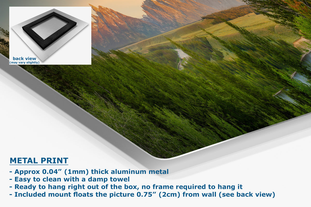 Metal wall art print showing a green forest landscape with mountains and a river, displayed at an angle with product text and a small back-view inset on a white background.