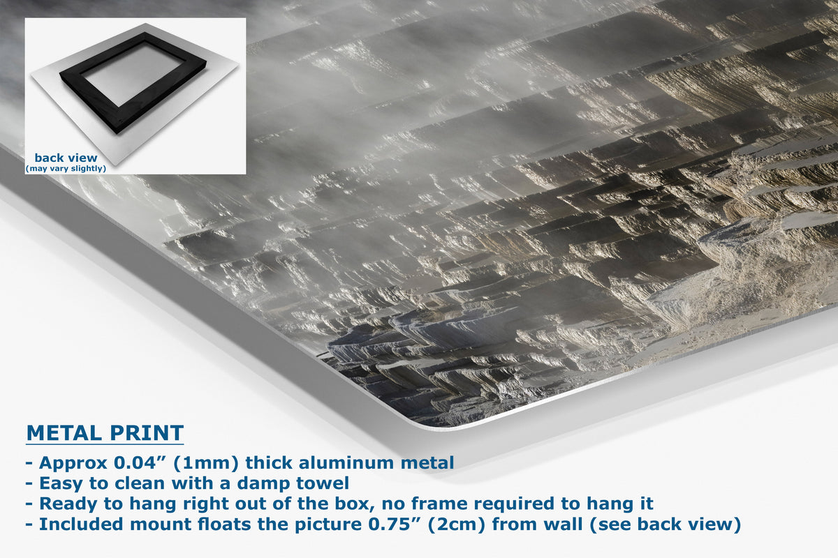 A corner view of a metal wall art print shown at an angle with a small inset back view and text describing the product as a metal print made of thick aluminum, with a damp towel cleaning method and wall mounting information.