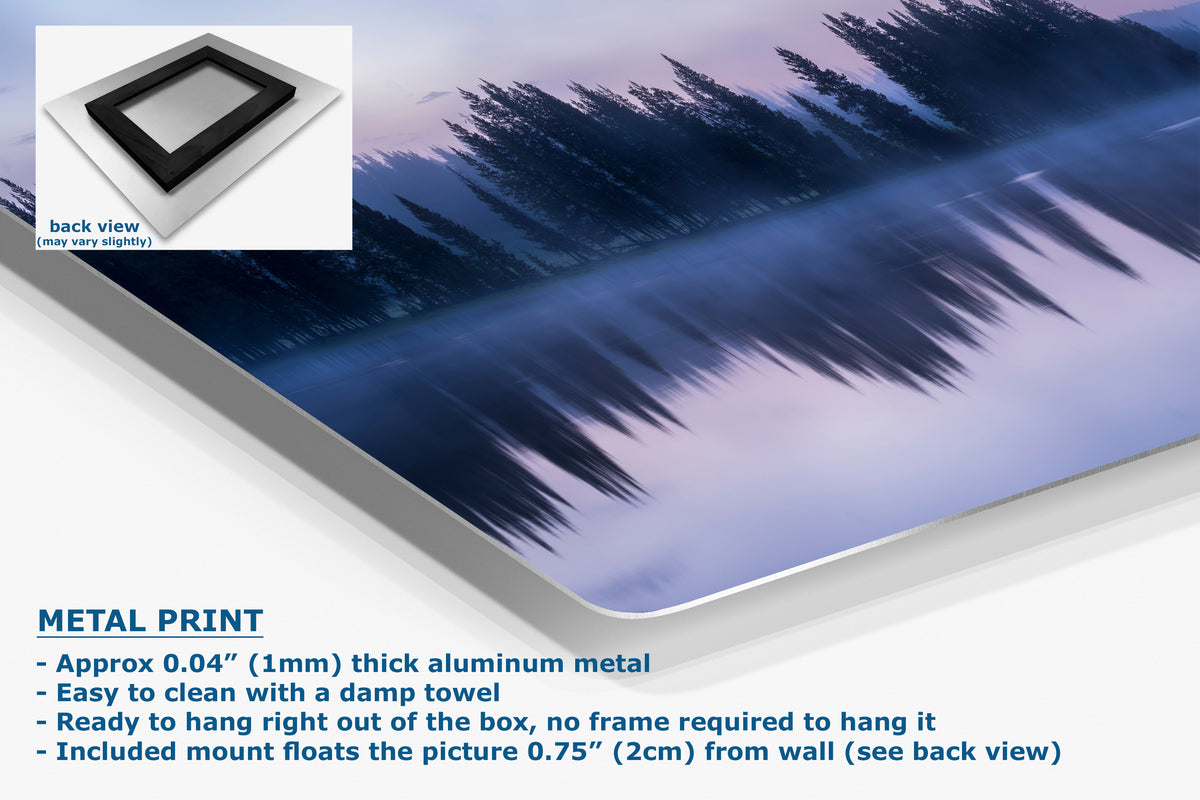 Aluminum metal wall art print showing a mirrored forest landscape reflection, with a small inset showing the back view and text detailing the 0.04" thick aluminum finish and mounting features.