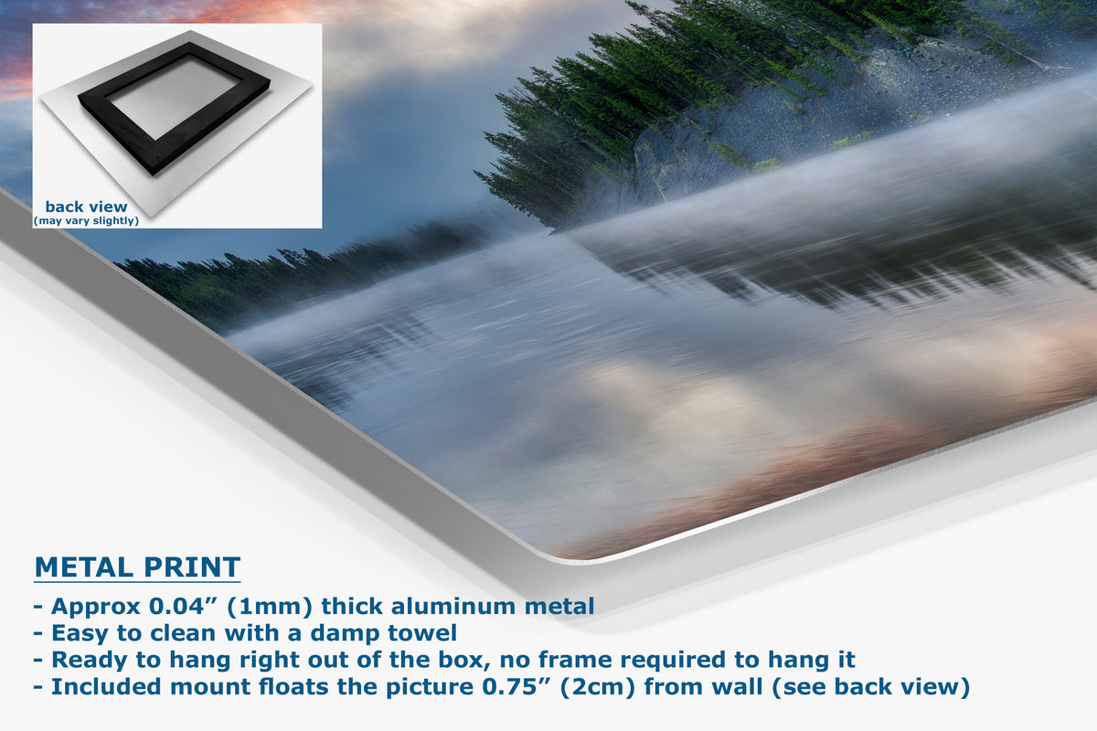 A corner view of an aluminum metal print panel showing a misty forest lake landscape, with a small inset showing the back view of the frameless panel. Text on the image describes the product as a metal print with its specifications and features.