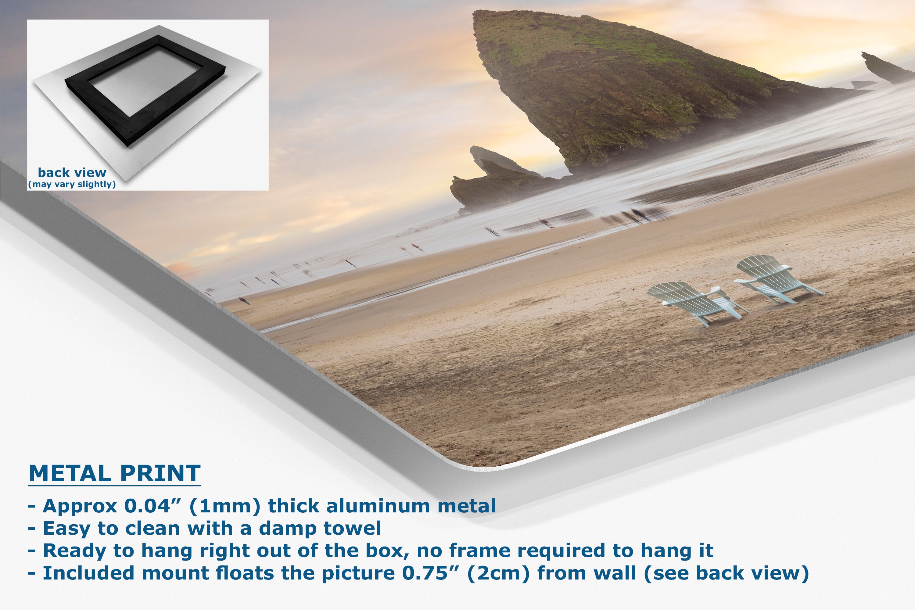 A metal wall art print showing a beach scene with two chairs and a large rock formation, presented at an angle with text describing the aluminum finish and mounting details. A small inset shows the back view of the frame.