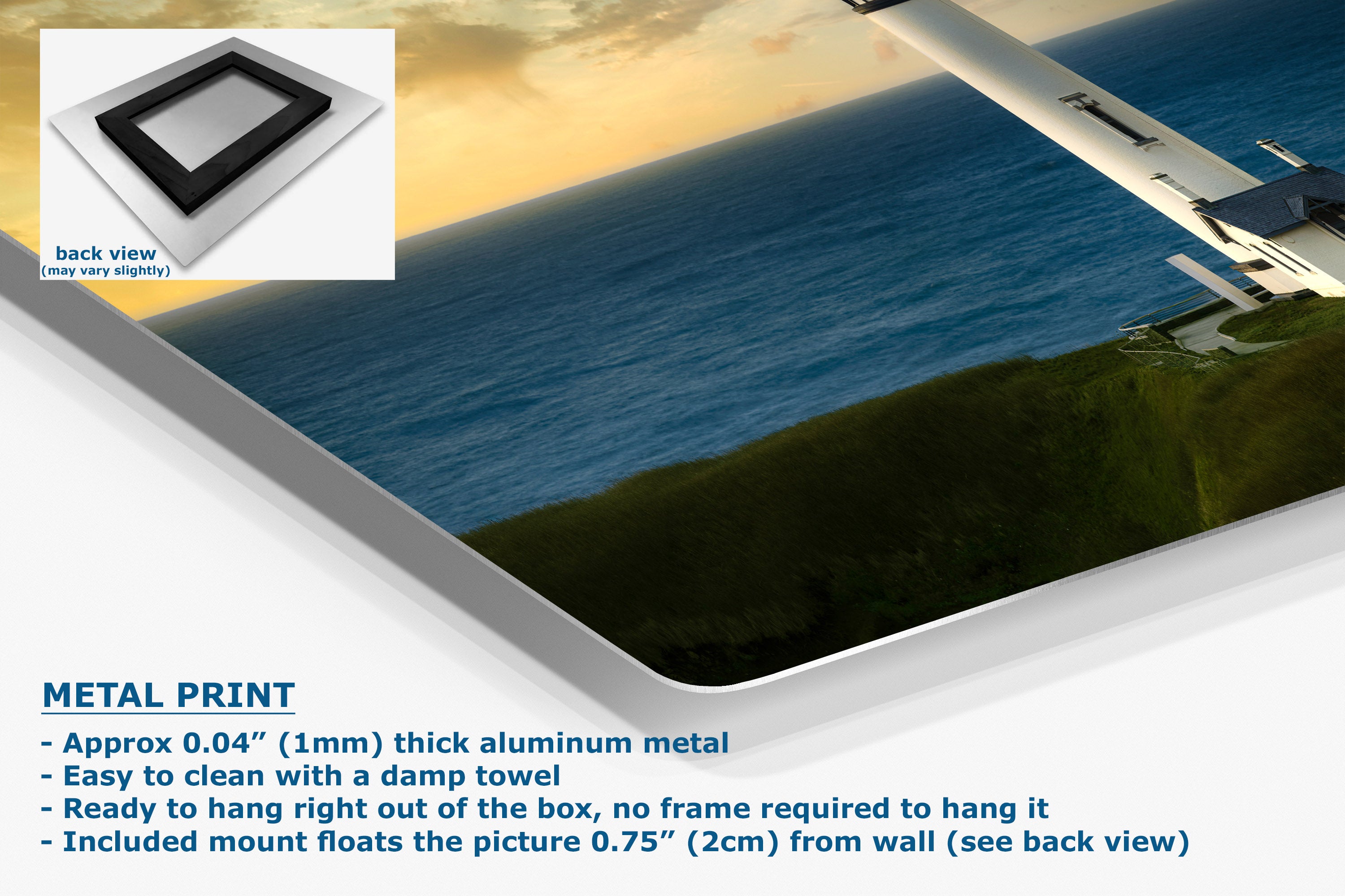 A large aluminum wall art panel showing a coastal landscape print, with a small inset showing the back view of the panel and text describing the metal print features.