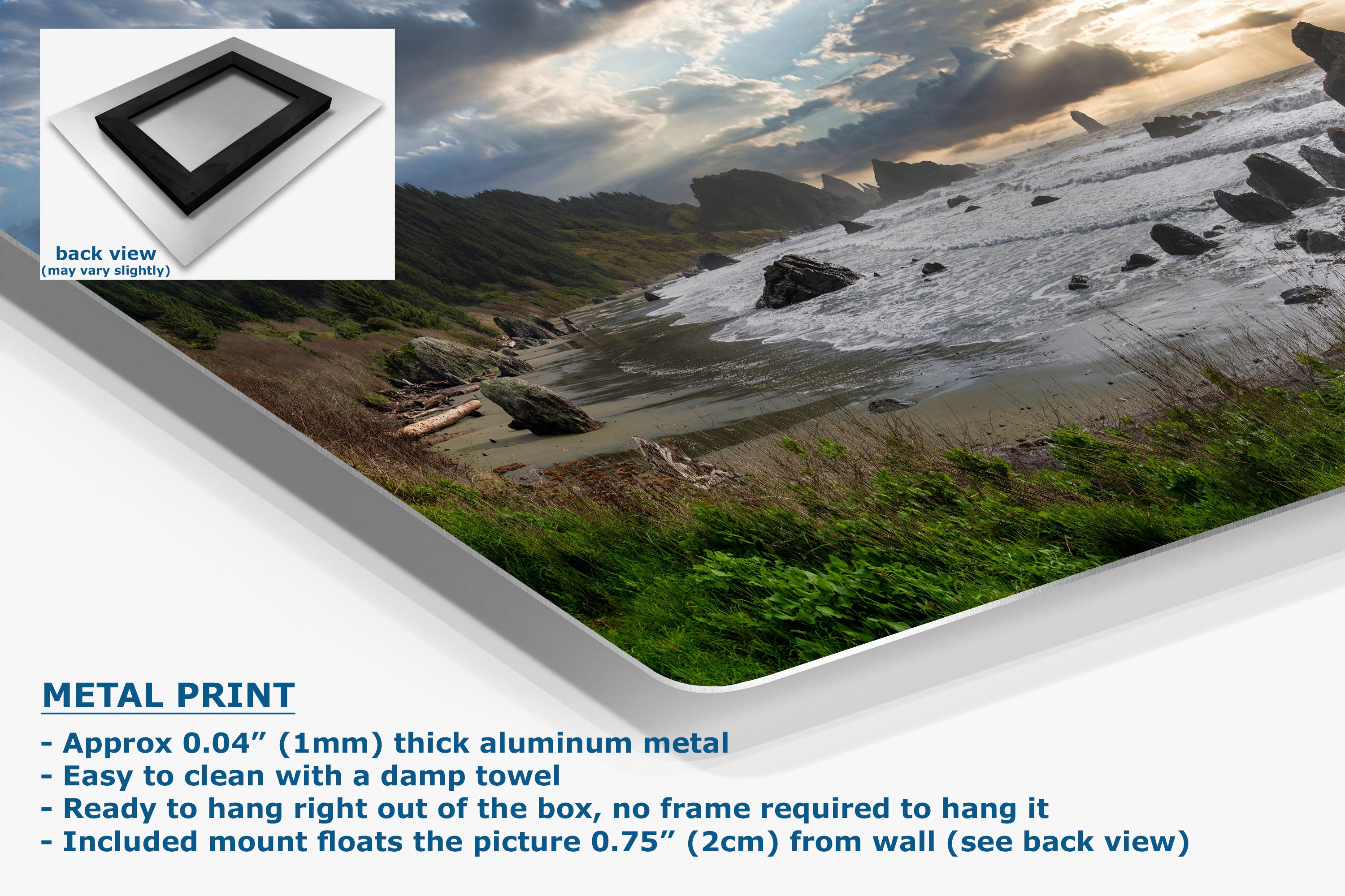 A landscape photo print of a rocky beach and river valley under a dramatic cloudy sky, shown at an angle with product details and text overlays.