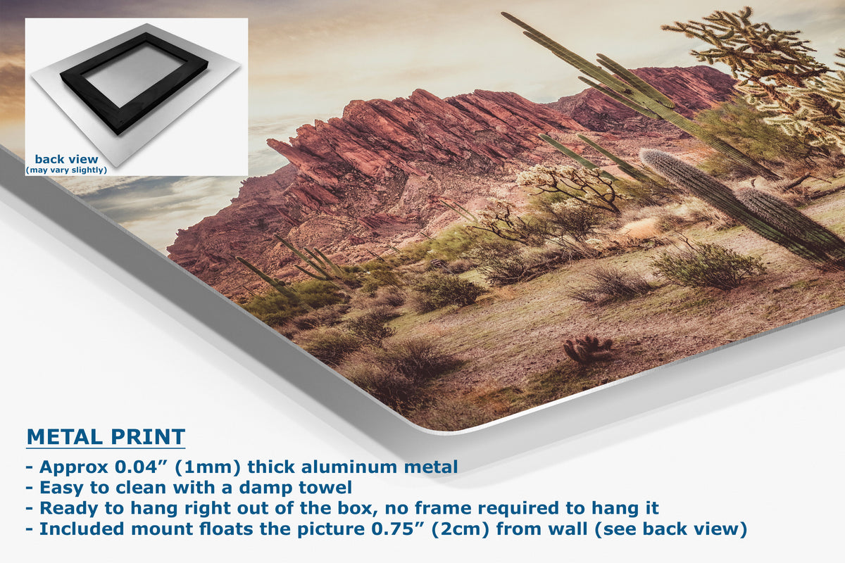 A corner view of an aluminum metal wall art print showing a desert landscape with red rock formations, cacti, and shrubs, displayed at an angle with product text and a small back-view inset on a white background.