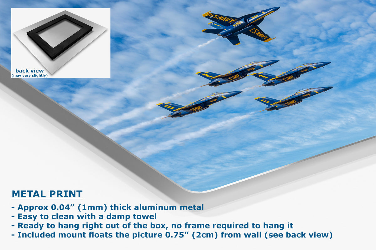 A corner view of an aluminum metal wall art print showing a blue sky with white clouds and six blue-and-yellow aerobatic airplanes. The image includes a small back-view inset, product text reading 'METAL PRINT,' and a floating mount detail.