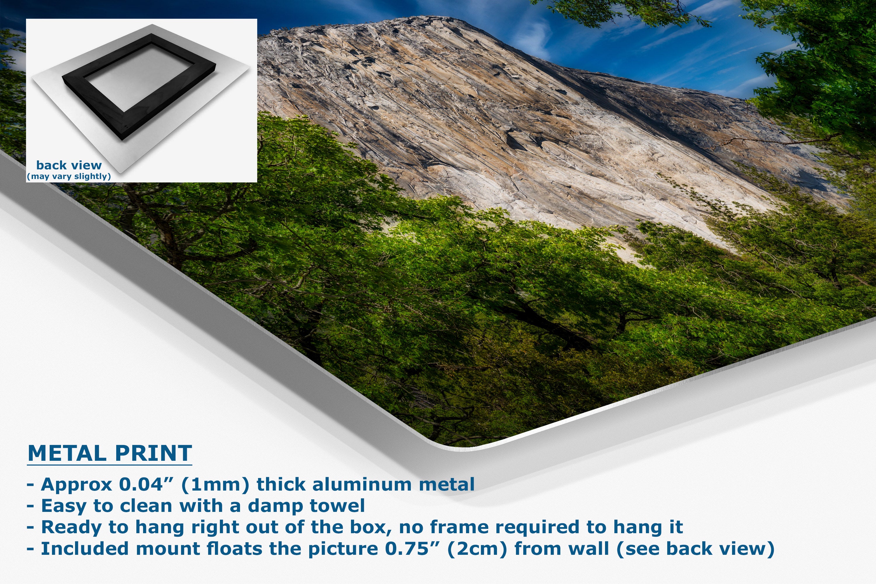 A corner view of an aluminum metal print panel showing a landscape photo of a rocky mountain and green trees, with text describing the product features and a small inset showing the back view of the frame.