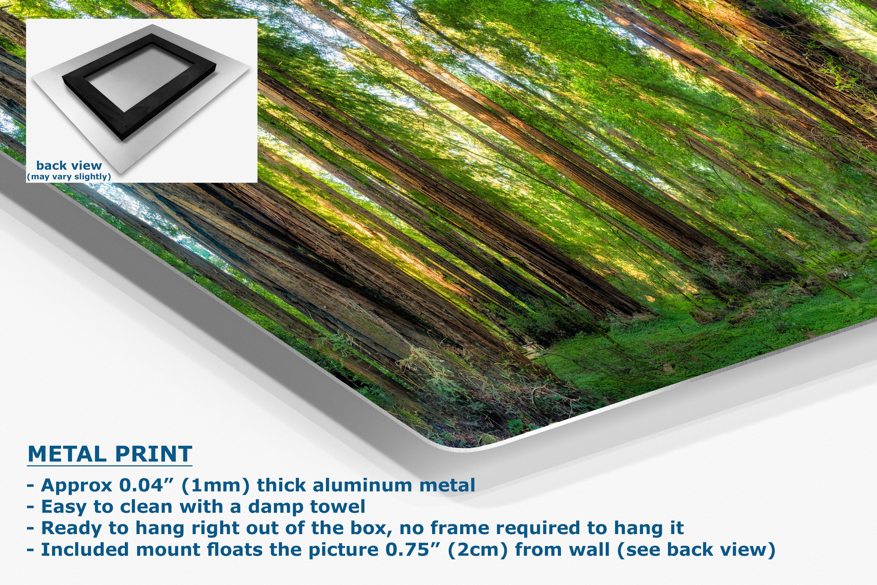 A metal print of a forest scene with green foliage and brown tree trunks, shown at an angle with product details and text on a white background. An inset shows the back view of the frame, and the text highlights aluminum metal printing and mounting features.
