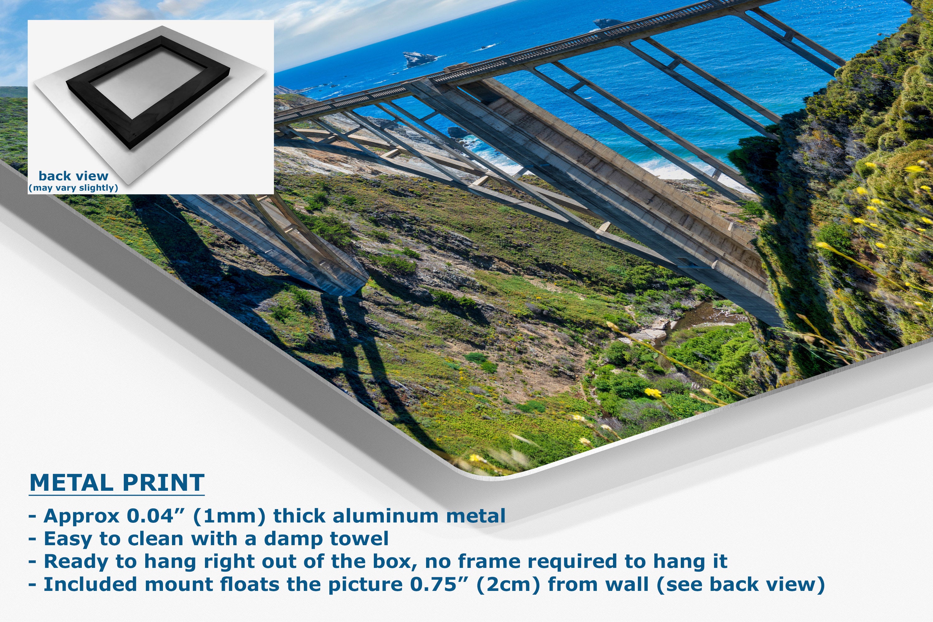 A corner view of a metal wall art print of a scenic view with text describing its features.